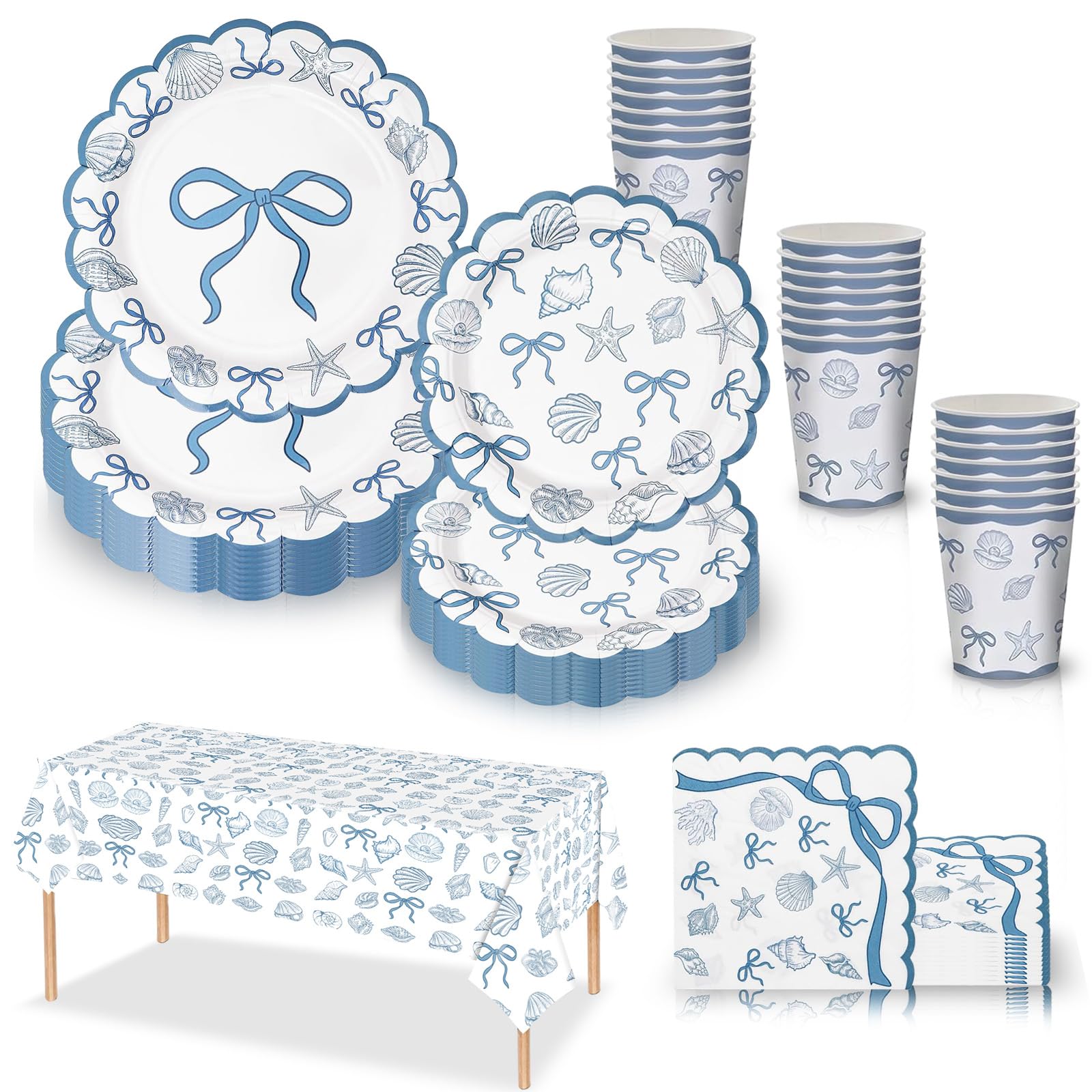 69Pcs Ocean Seashell Party Tableware Blue Bow Coastal Beach Disposable Dinnerware Set,Seashell Plastic Tablecloth,Paper Plates Napkins and Cups for Summer Baby Shower Seashell Party Table Decorations