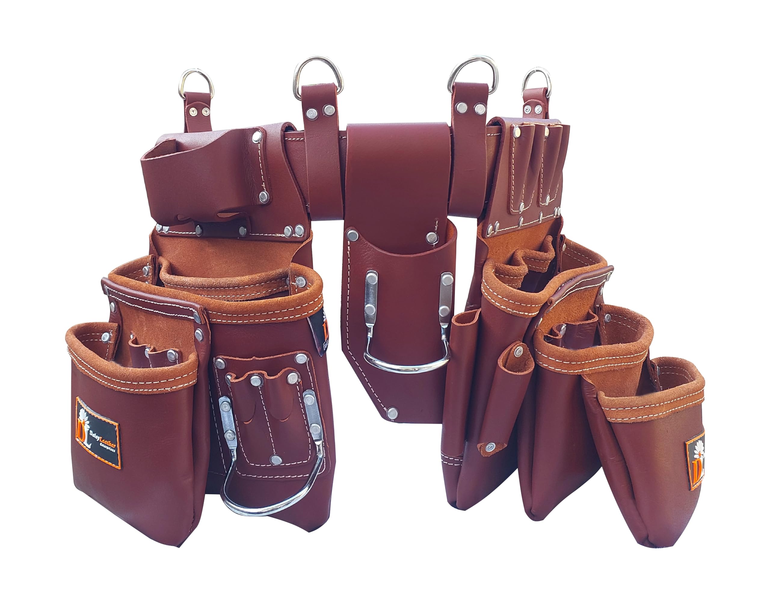 Daisy Leather PRO DL-101 Oil tanned Premium 25 pockets Heavy duty Tool Belt, Carpenter belt Pouch for Construction, Carpenter, Craftsman and Electricians workers, Black, X-Large (Cherry Leather)