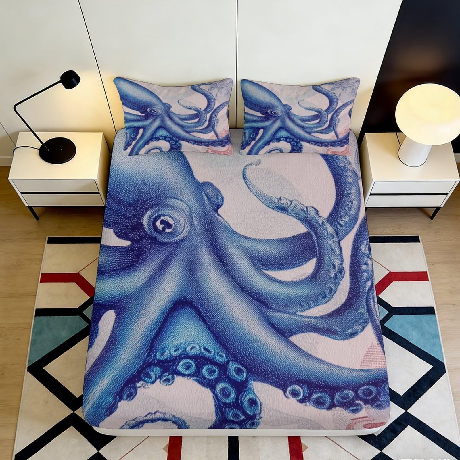 3D Printed Octopus Marine Fitted Sheet Microfiber Soft Breathable Blue Ocean Mattress Cover for Bedroom Dorm Decor 90x200x25cm