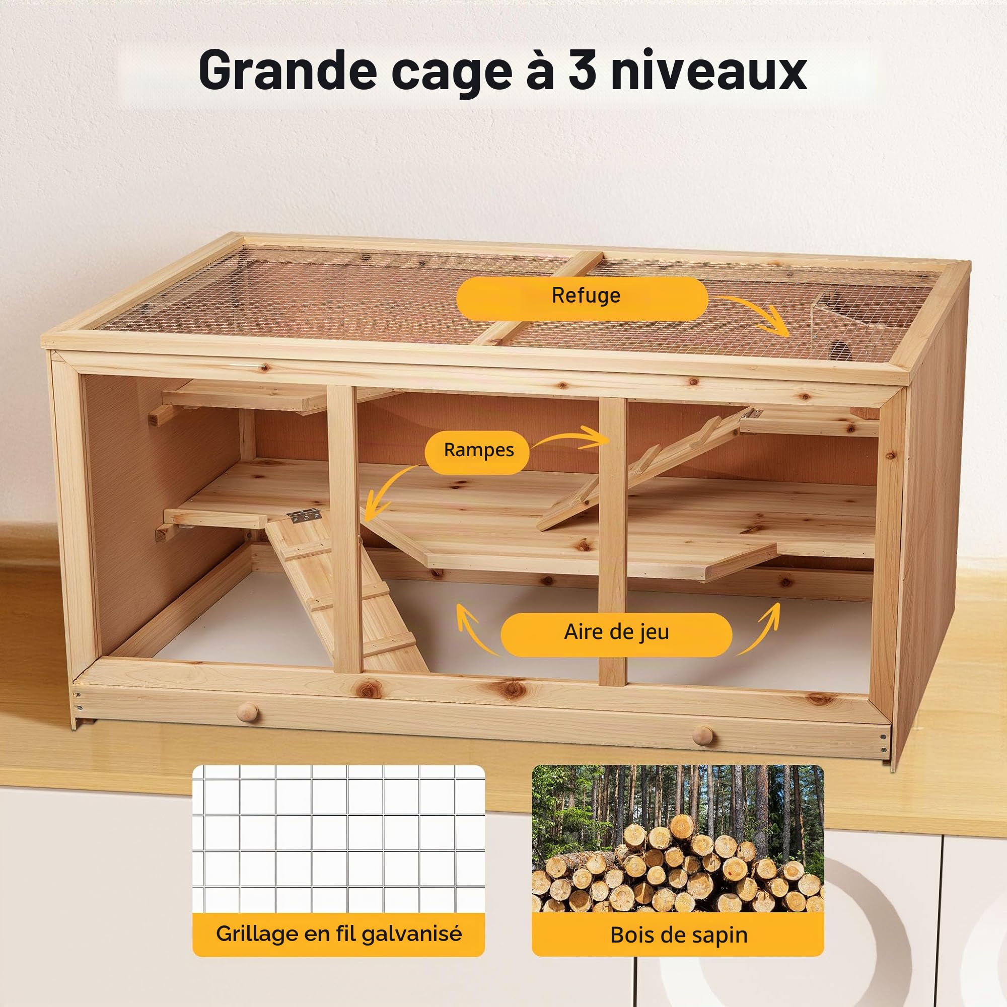 Wiltec Clapier XXL – 115 x 60 x 58 cm – 2 étages – Bois Sapin – avec Esaclier, Couvercle Rabattable et façade vitrée – Cage pour rongeurs Hamsters Souris Rats Lapinière Nichoir
