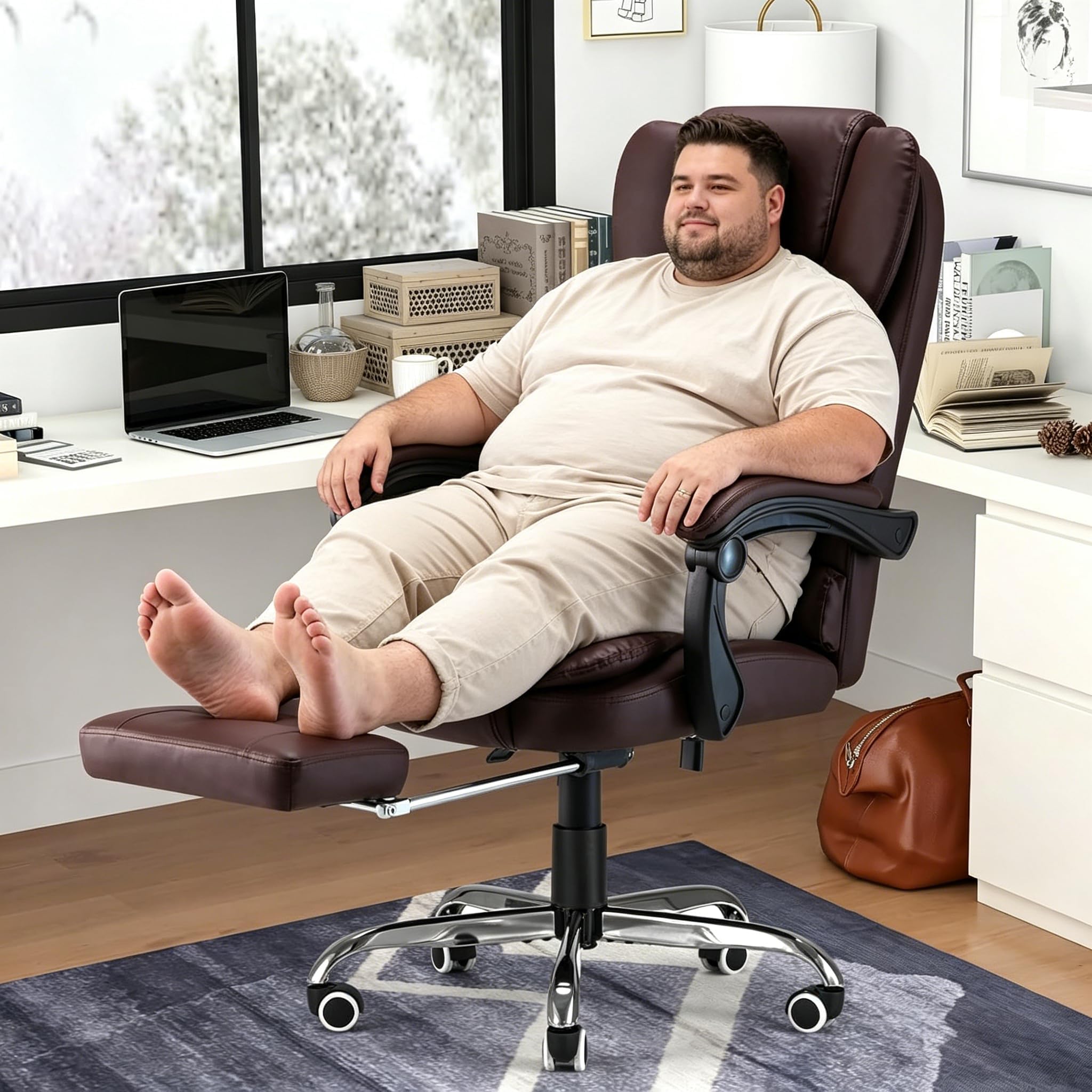 YODOLLA Bürostuhl Ergonomisch, Chefsessel mit Fußstütze & Liegefunktion, höhenverstellbarer Computerstuhl, 200 kg Belastbarkeit – Braun