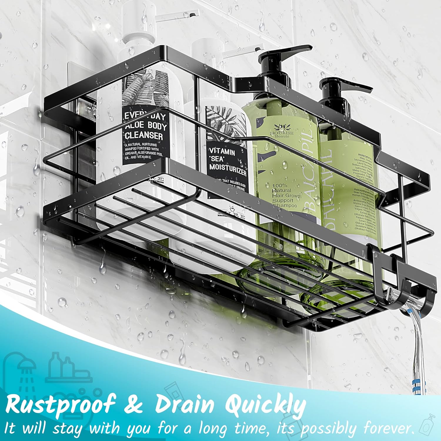 Moforoco Adhesive Shower Caddy Organizer, Hanging Suction Black Shower Shelves Rack, Inside Shower Holder, Bathroom Decor Organization Storage Accessories Gadgets, Home Household Essentials : Home & Kitchen