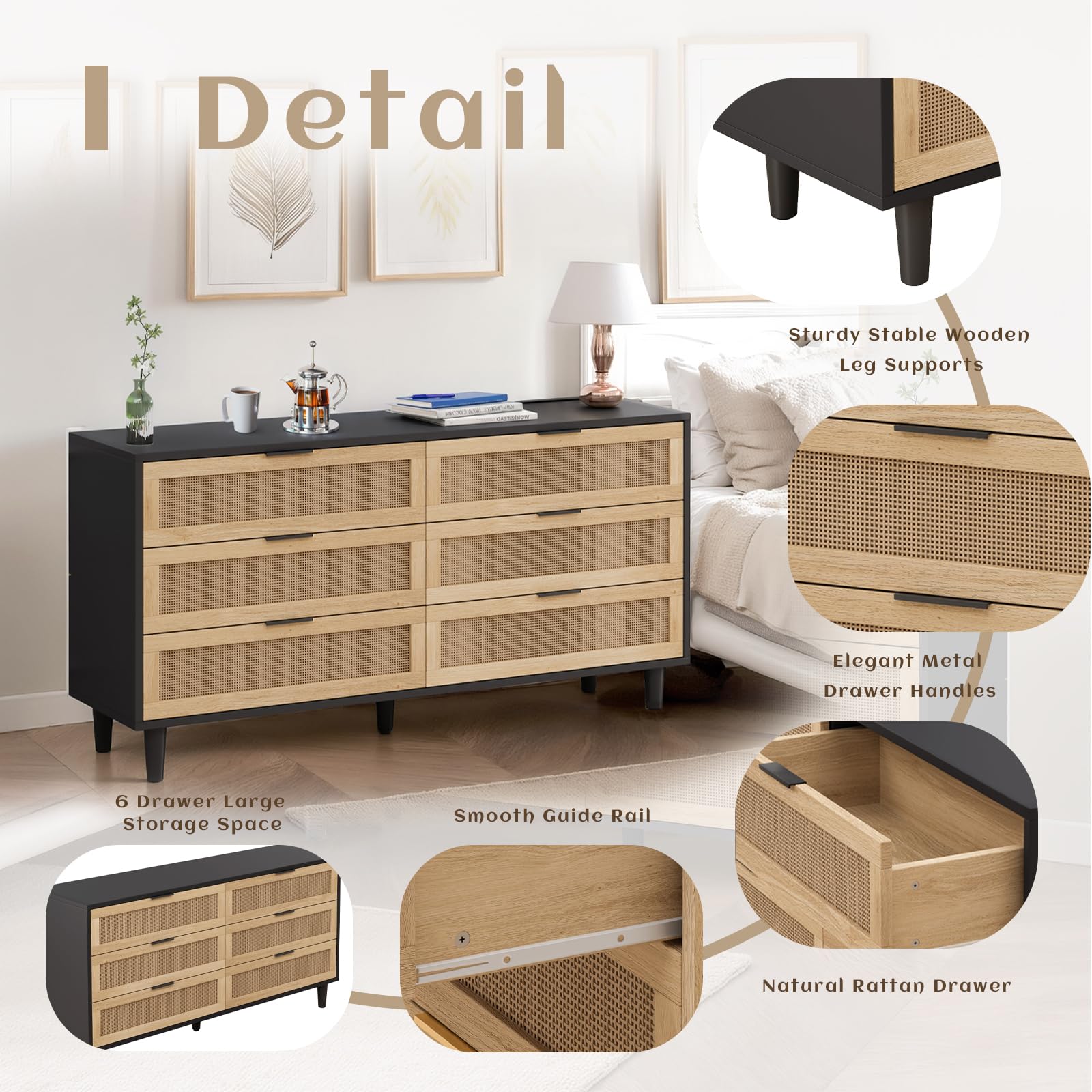 Amazon.com: NTYUNRR Black Rattan Dresser, 59.06" 6 Drawer Double Dressers  for Bedroom, Dresser for Closet, Boho Wicker Dressers Storage Cabinet  Drawer with Metal Handles, for Living Room, Black L : Home &