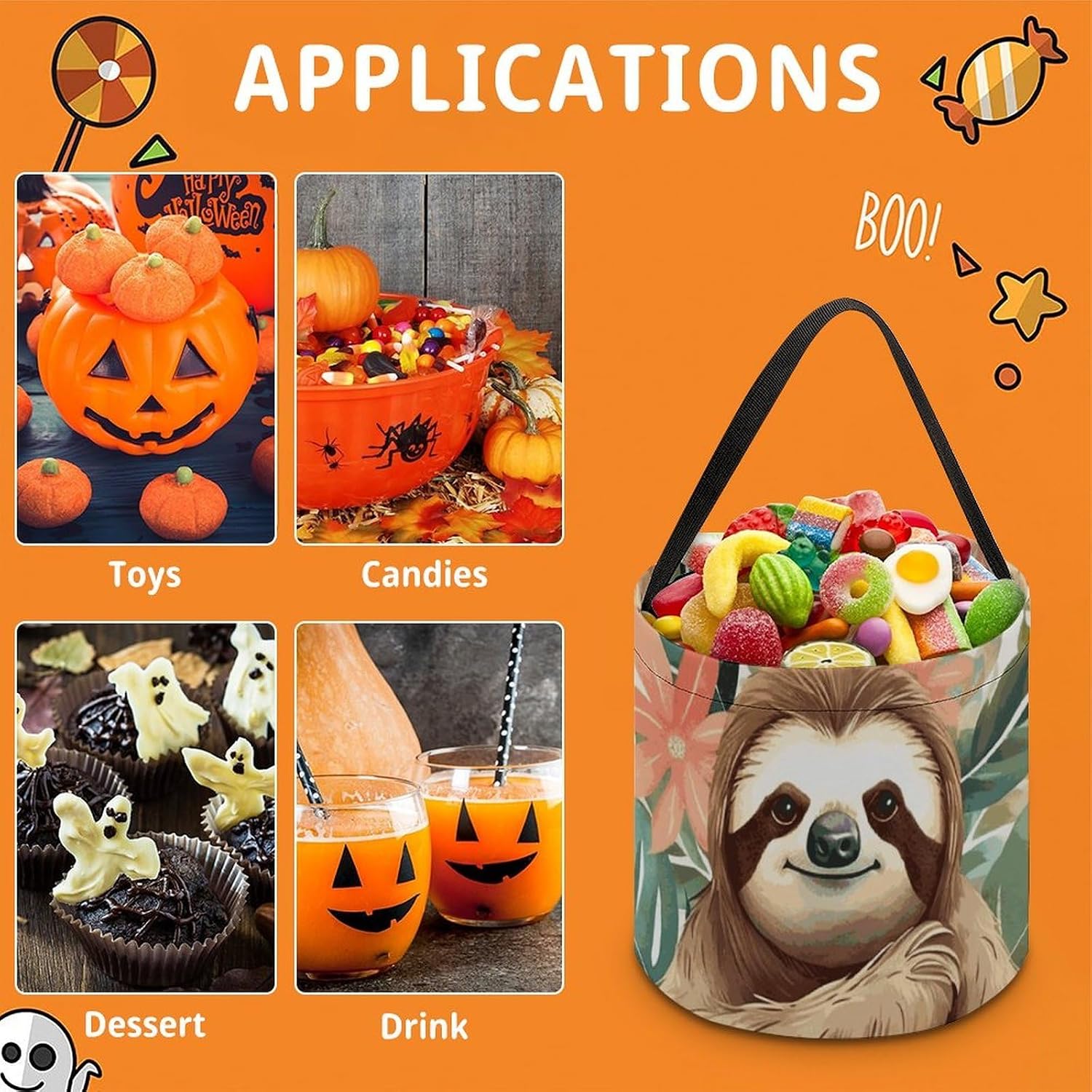 Cute Sloth Leaves Candy Basket Hand-held Portable Candy Basket Collapsible Reusable Candys Bags Trick Or Treat Bags Party Festival Gift Bucket image 3