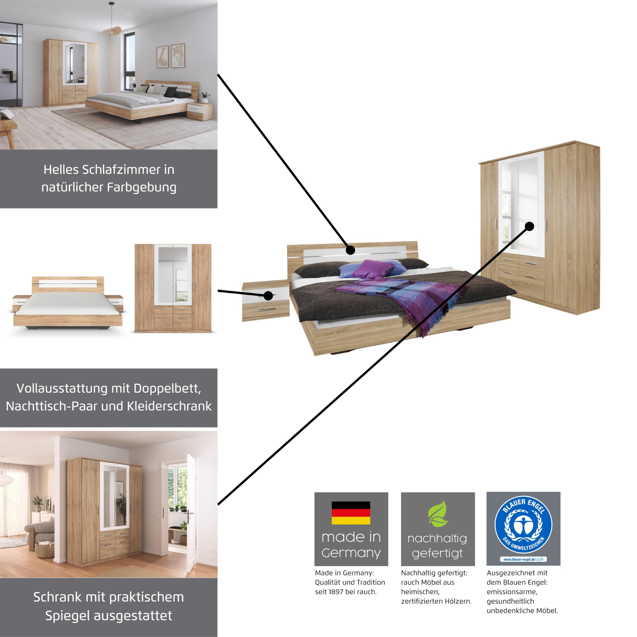 Rauch Möbel Burano - Camera da letto, in rovere Sonoma/bianco, composto da letto con superficie di appoggio 180 x 200 cm, con 2 comodini e armadio con ante girevoli, 181 x 212 x 58 cm