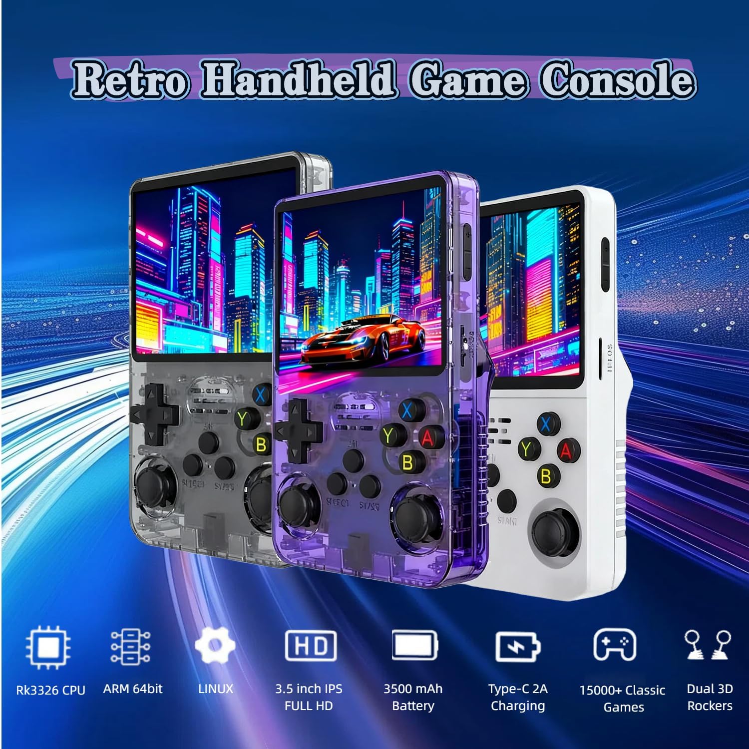 R36HD Retro Handheld Game Console-Linux System,3.5”IPS Screen Retro Gaming Console,Built-in 64GB Memory Retro Game Console,3500mAh Battery,Portable Video Gaming Console -White - Image 2