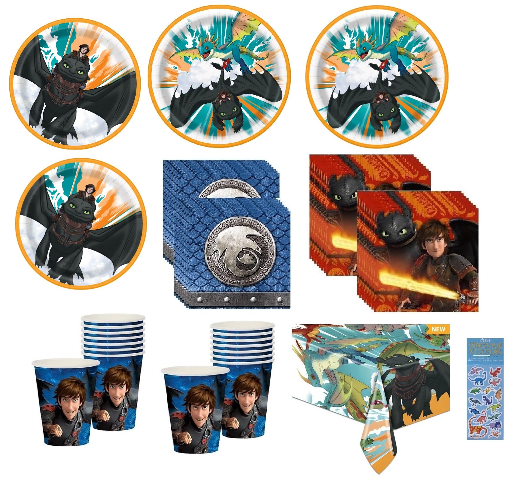 How to Train Your Dragon Birthday Party Supplies Decoration Bundle Pack includes 16 Dessert Paper Plates, 16 Lunch Plates, 32 Napkins, 16 Cups, 1