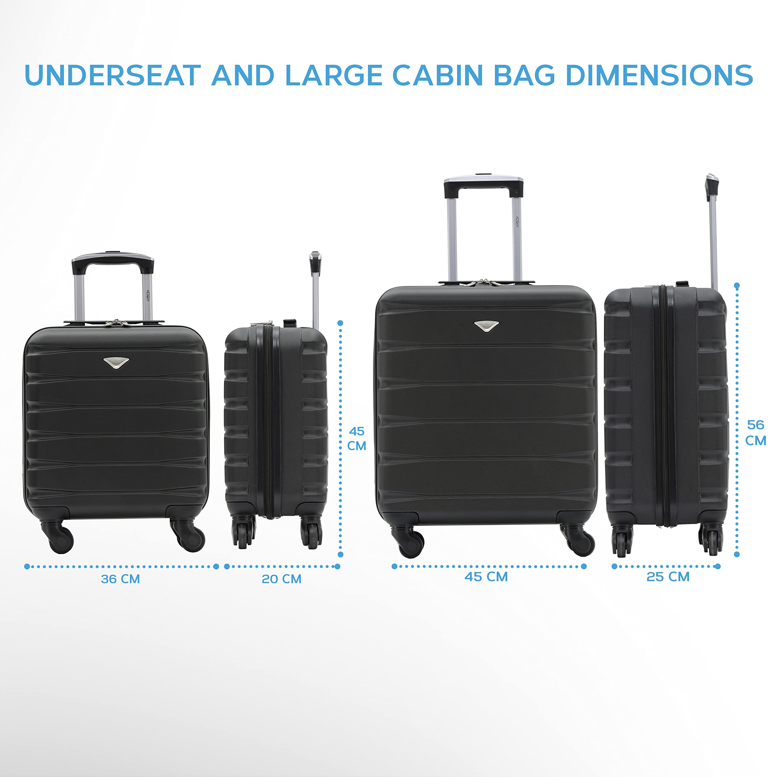 Flight Knight Suitcase Set of 2 Lightweight 4 Wheel ABS Hard Case Carry On Hand 45x36x20cm + 56x45x25cm easyJet Maximum Size for Overhead Cabin & Underseat Hard Case Lightweight Hand Luggage Set