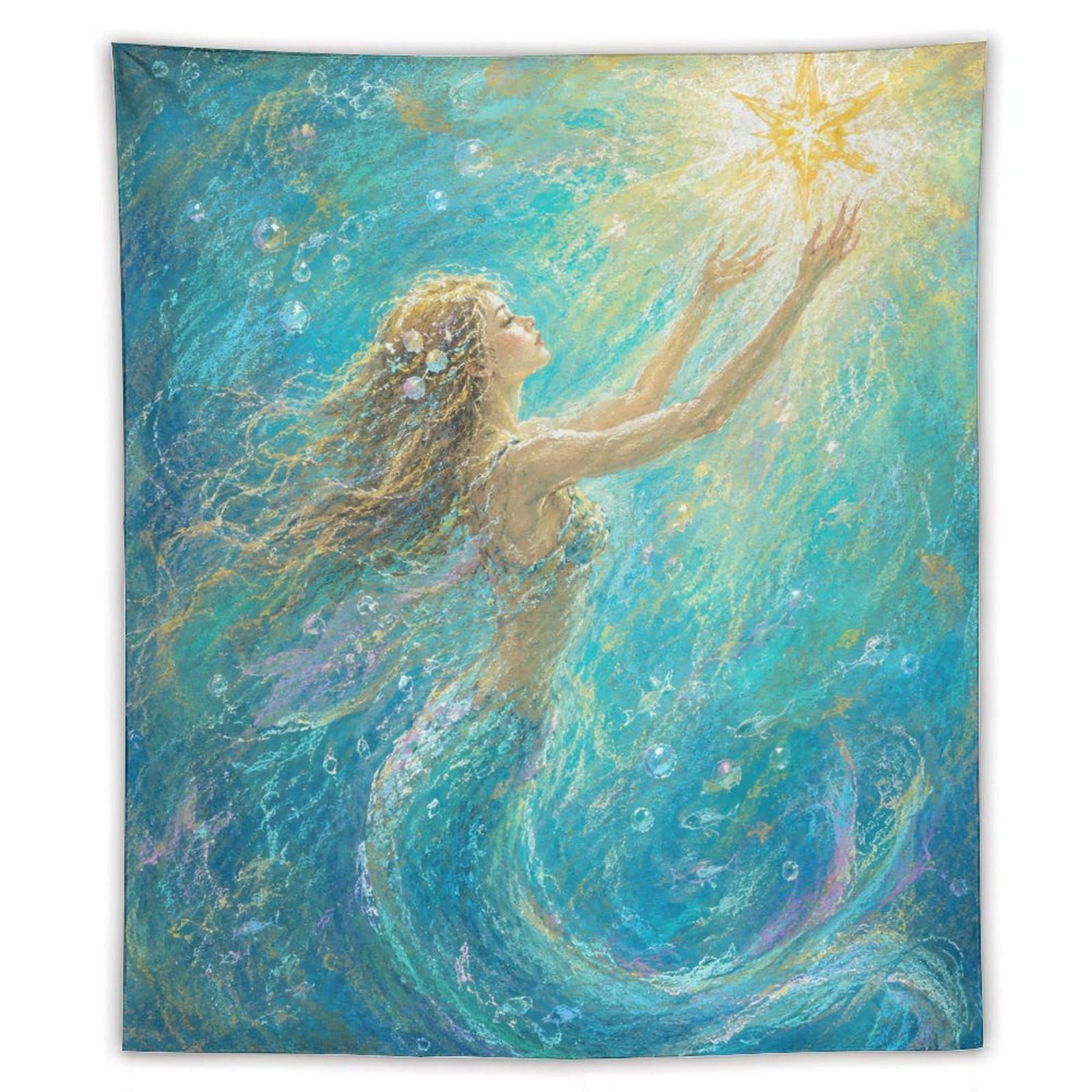 H3B8U2Y5 Mermaid Reaching for Light Wall Tapestry, Fantasy Illustration