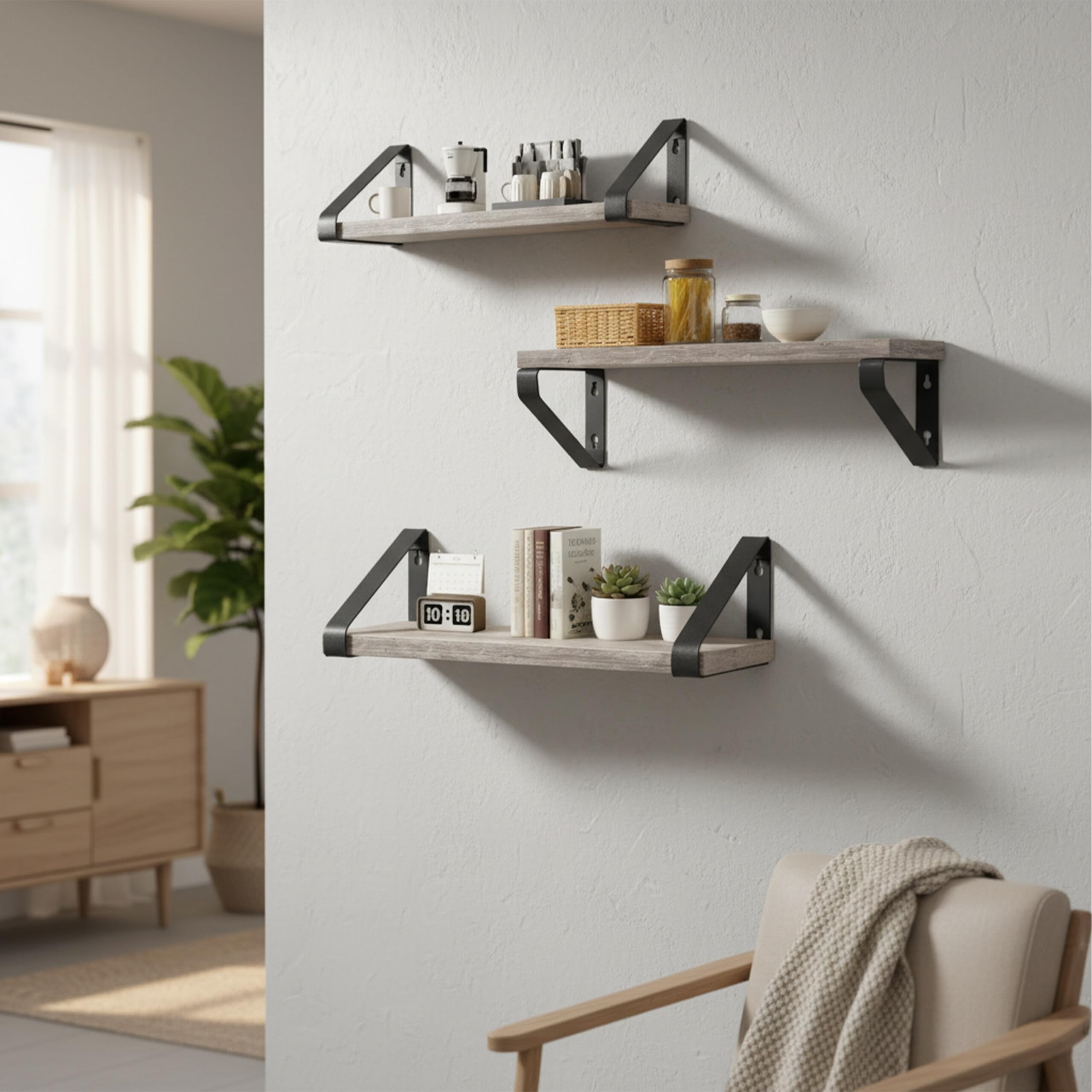 Relaxdays Estantería de Pared, Set de 3 (30/35/40 cm), Madera y Metal, para Libros y decoración, Color Greige