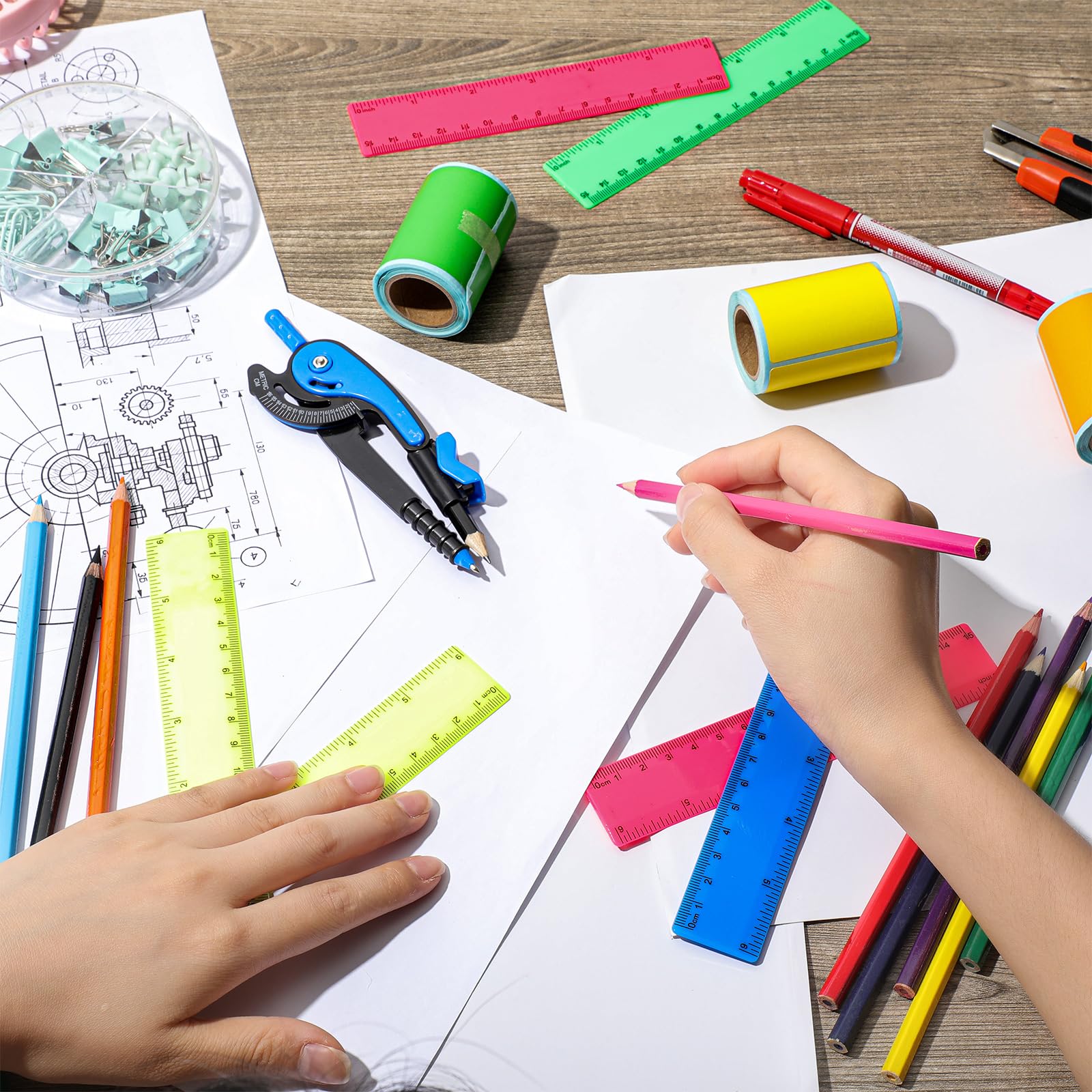 Zonon Lot de 200 règles droites en plastique souple avec pouces et centimètres pour le premier jour d'école pour les étudiants, la rentrée scolaire, fournitures de bureau (couleurs vives opaques, 15,2