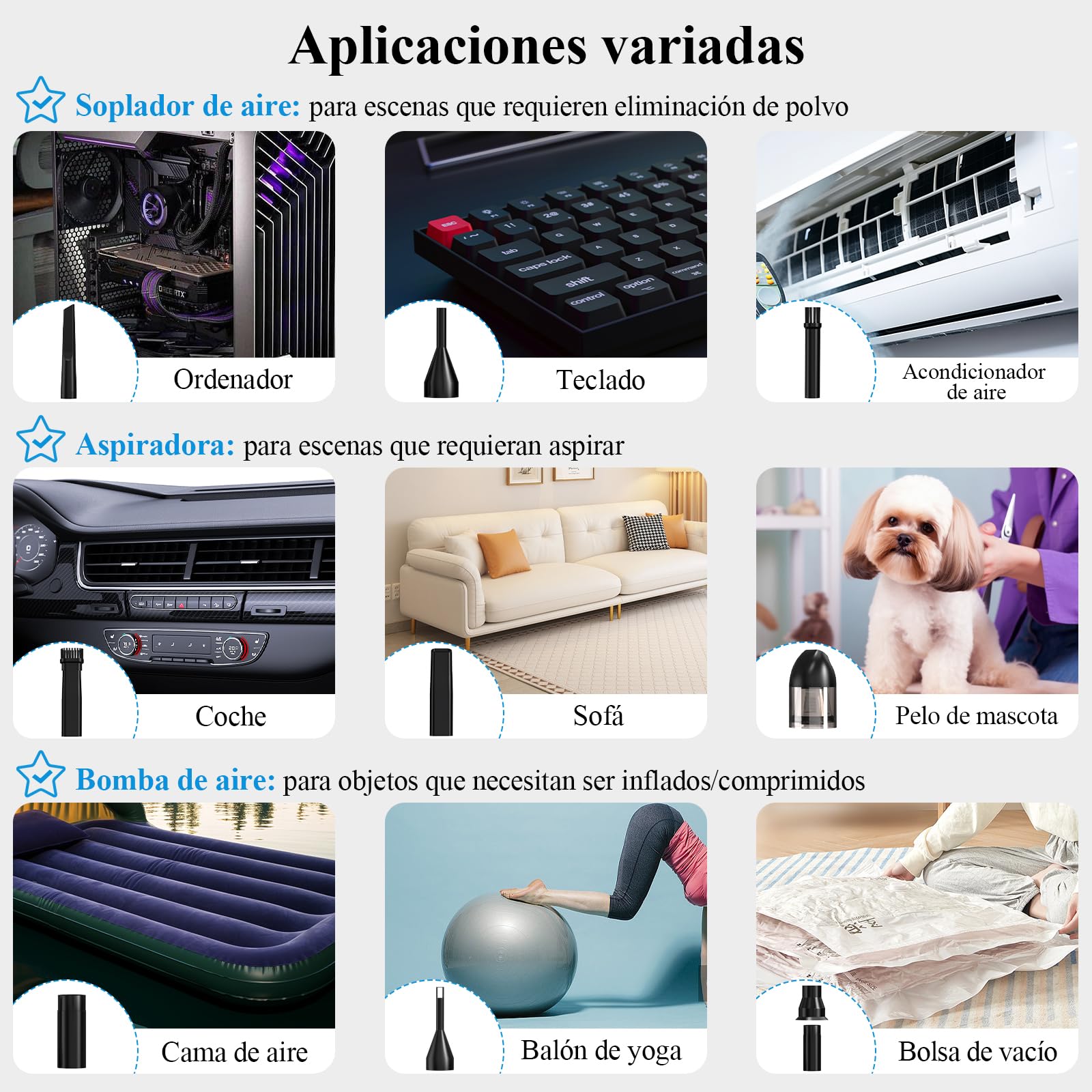 Minthouz Mini Aspiradora de Mano 3 in 1 Multifunción 120W Soplador de Polvo Eléctrico 12800PA, USB 7500mAH Aspirador Coche Potente,para el Hogar Mascota/Ordenador/Teclado