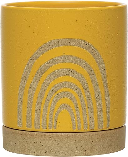 Creative Co-Op Maceta de gres con platillo y arco iris, amarillo (maceta de 5 pulgadas)