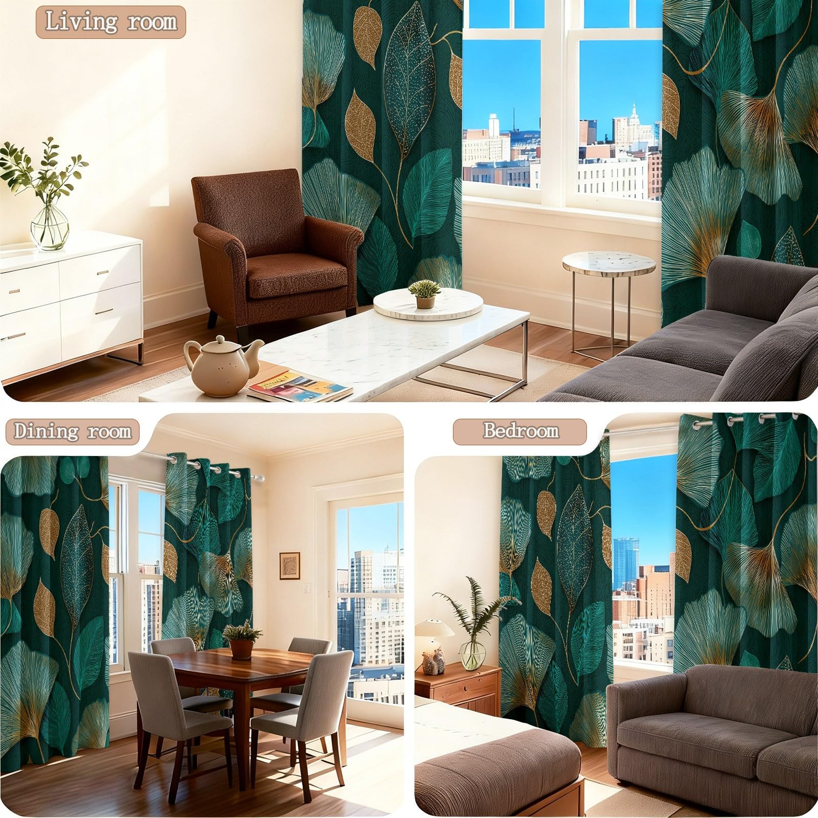 Verdunkelungsvorhänge mit Ösen H260 x B140 cm (2er Set), Moderner Luxus Blätter Bedruckte Thermo Vorhänge für Schlafzimmer & Kinderzimmer, Blickdichte Gardinen Lärmschutz, Dunkelgrün