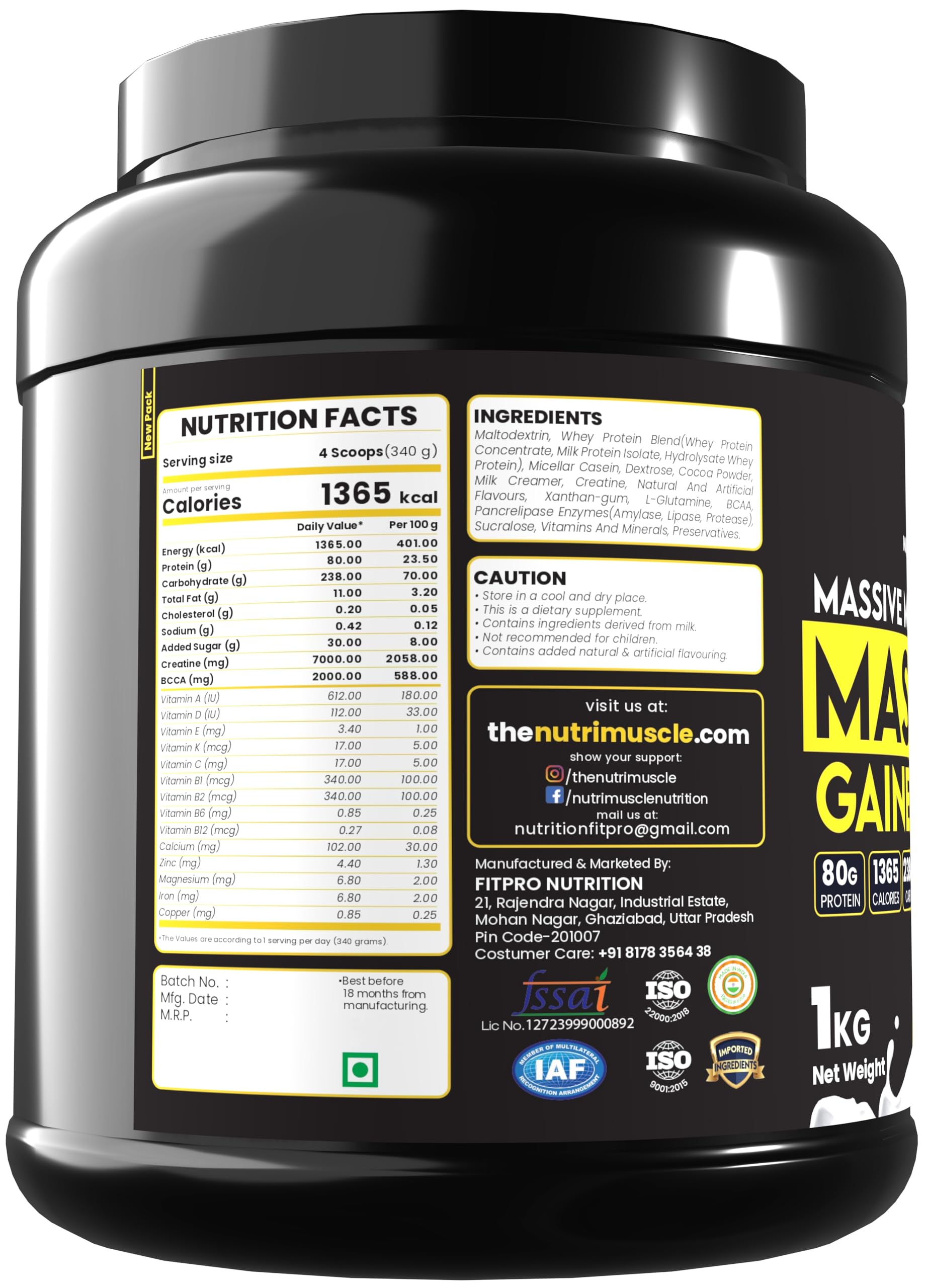 Nutrimuscle® Massive Muscle Mass Gainer, 1 Kg (Vanilla Flavour) – Whey Protein Blend with Complex Carbohydrates & Creatine Monohydrate for Muscle, Mass & Strength Gain — Amazon image 4