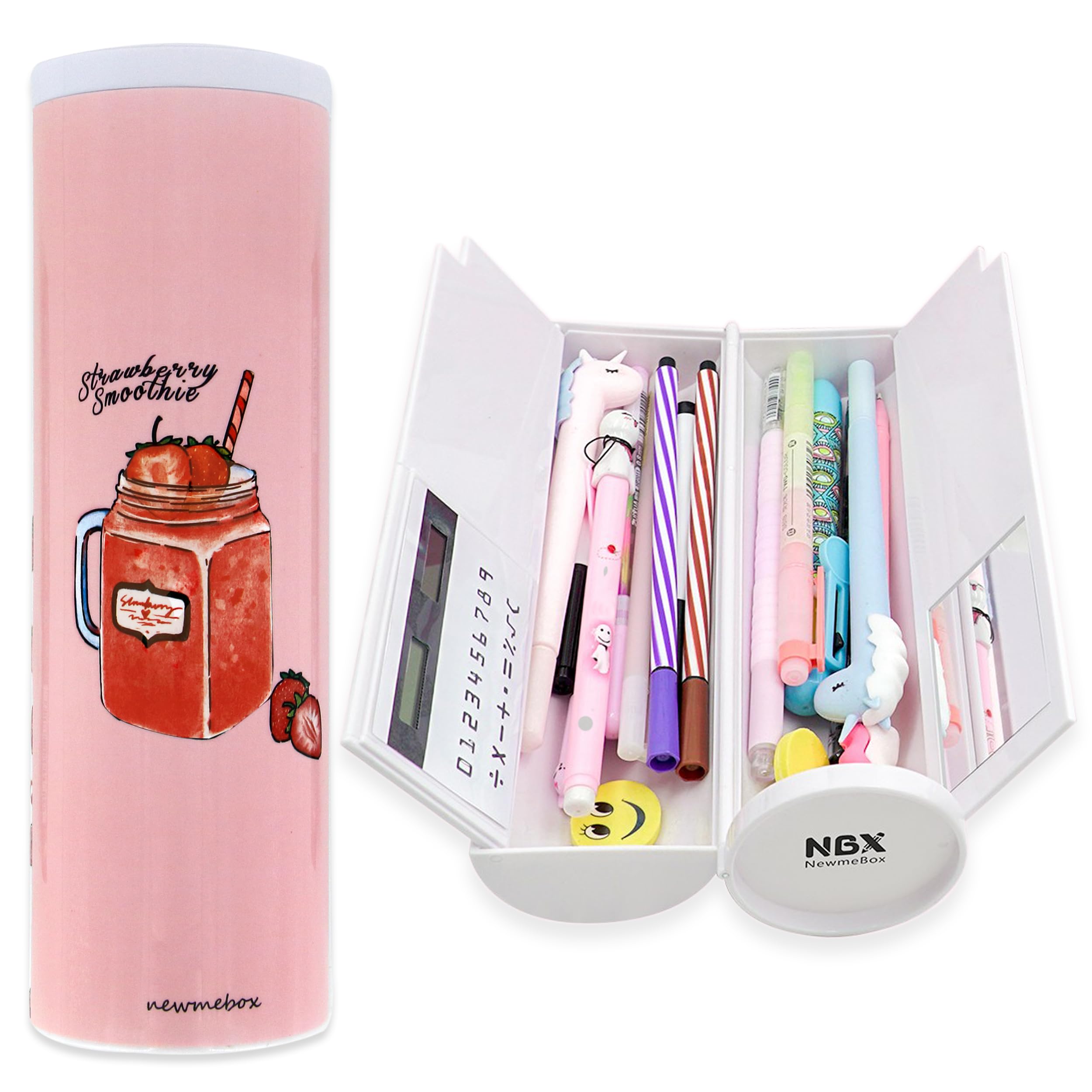 ペンケース 可愛い 筆箱 小学生 女の子 男の子 高校生 大容量 立つ 筆入れ シンプル おしゃれ 電卓 鏡 ホワイトボード 多機能 ふでばこ クリア ペンポーチ スリム 円筒形設計(女の子いちご)