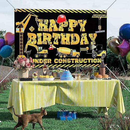 Miniatura 5 de Cartel de construcción con texto en inglés Happy Birthday para niños y niños, diseño de camión volquete de construcción con temática de cumpleaños,