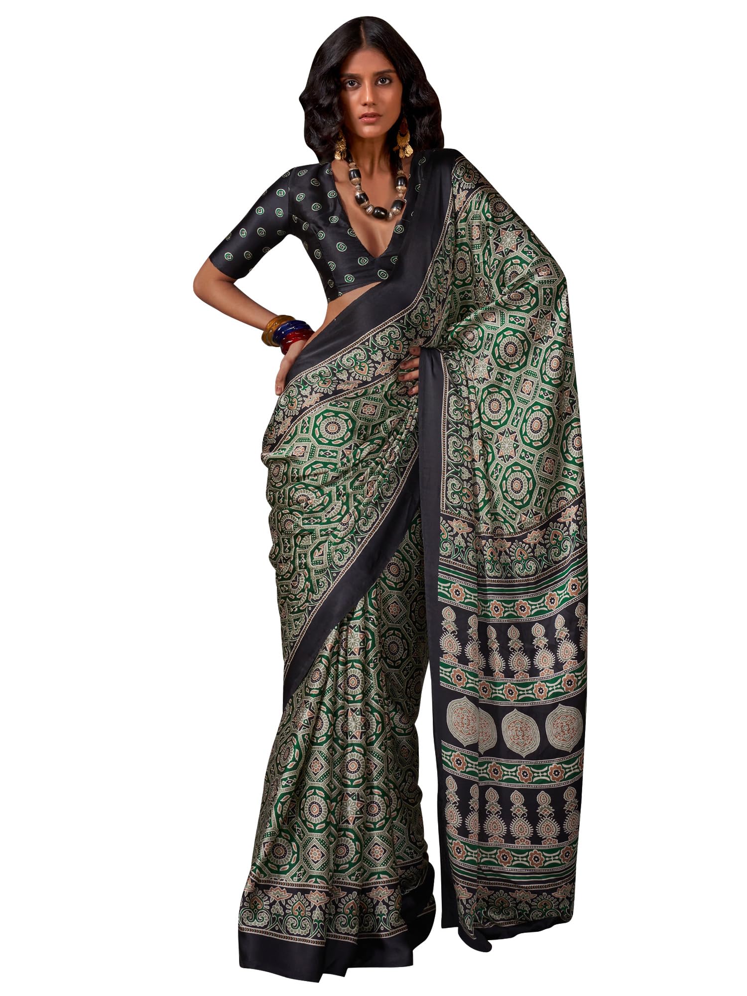 akhilam Women's Modal Silk Ajrakh Saree Design Crepe Printed Designer Pallu Attach Blouse Piece-picture-25