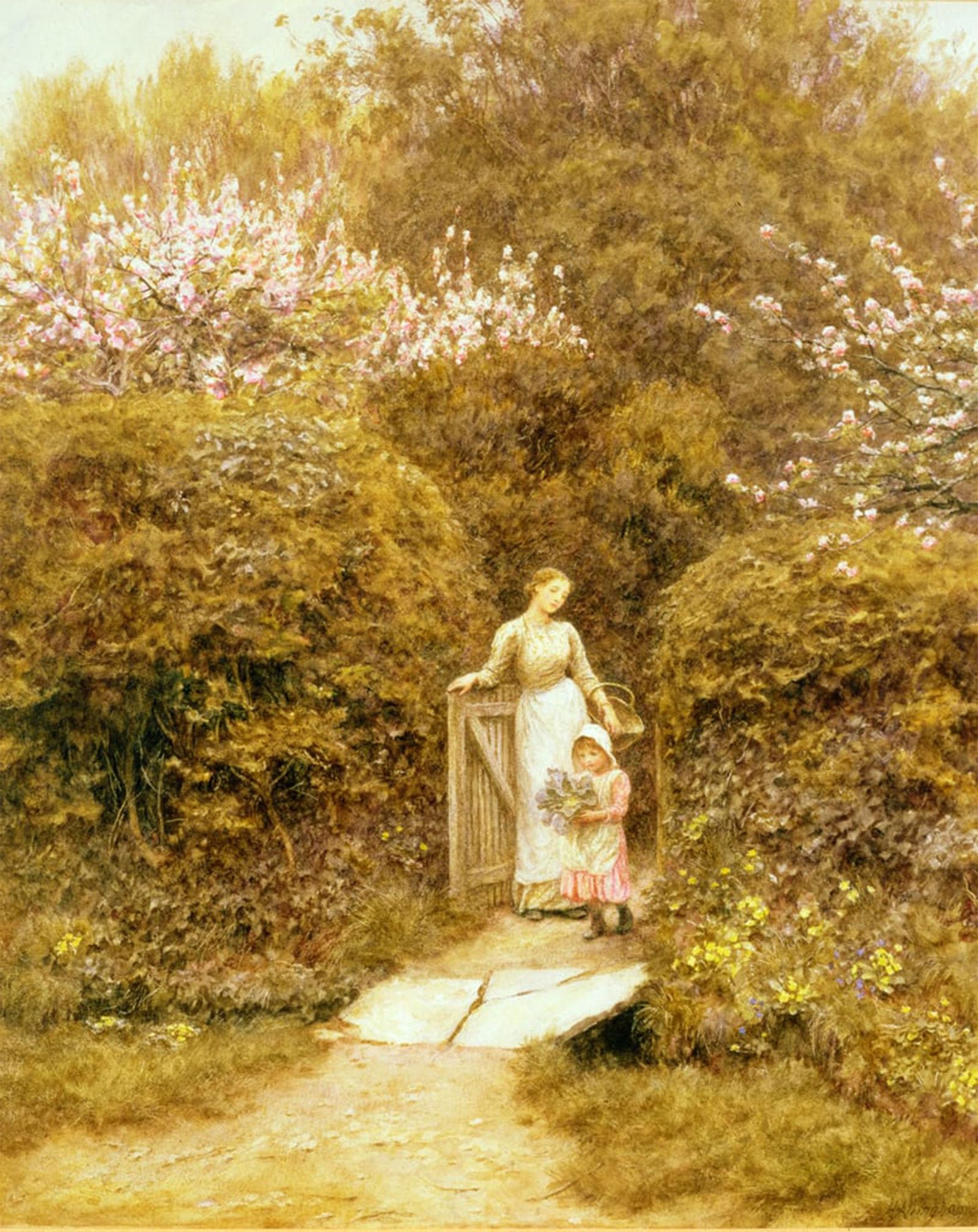 RZHRHJES Retro Picture Portrait Oil Painting Modern Wall Artwork At the Cottage Gate by Helen Allingham Canvas Poster for Home Decor 60x90cm