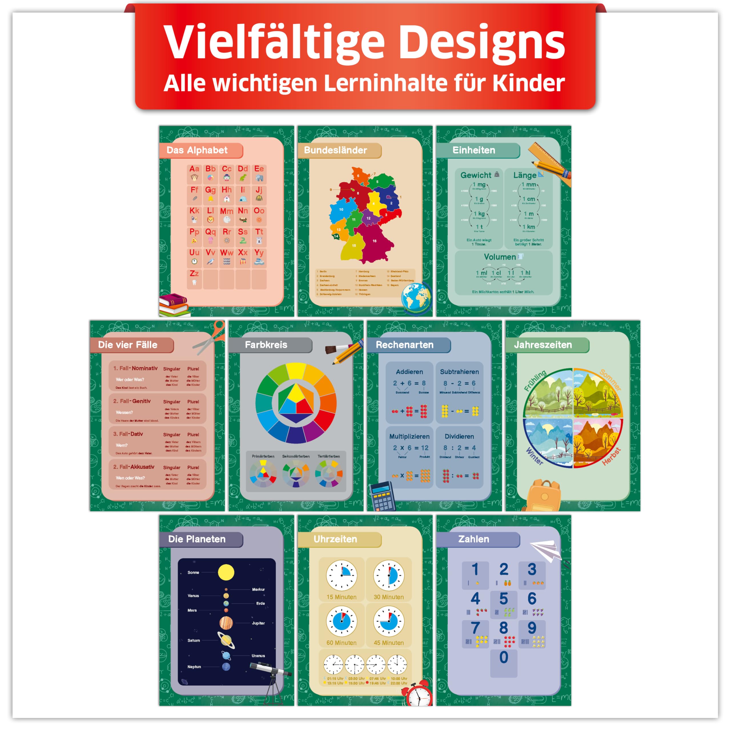 Primus Print Lot de 10 posters éducatifs, format A2, alphabet, chiffres, planètes, horaires, etc. Matériel d'apprentissage pédagogique pour chambre d'enfant et salle de classe (3 x 10 pièces/lot)