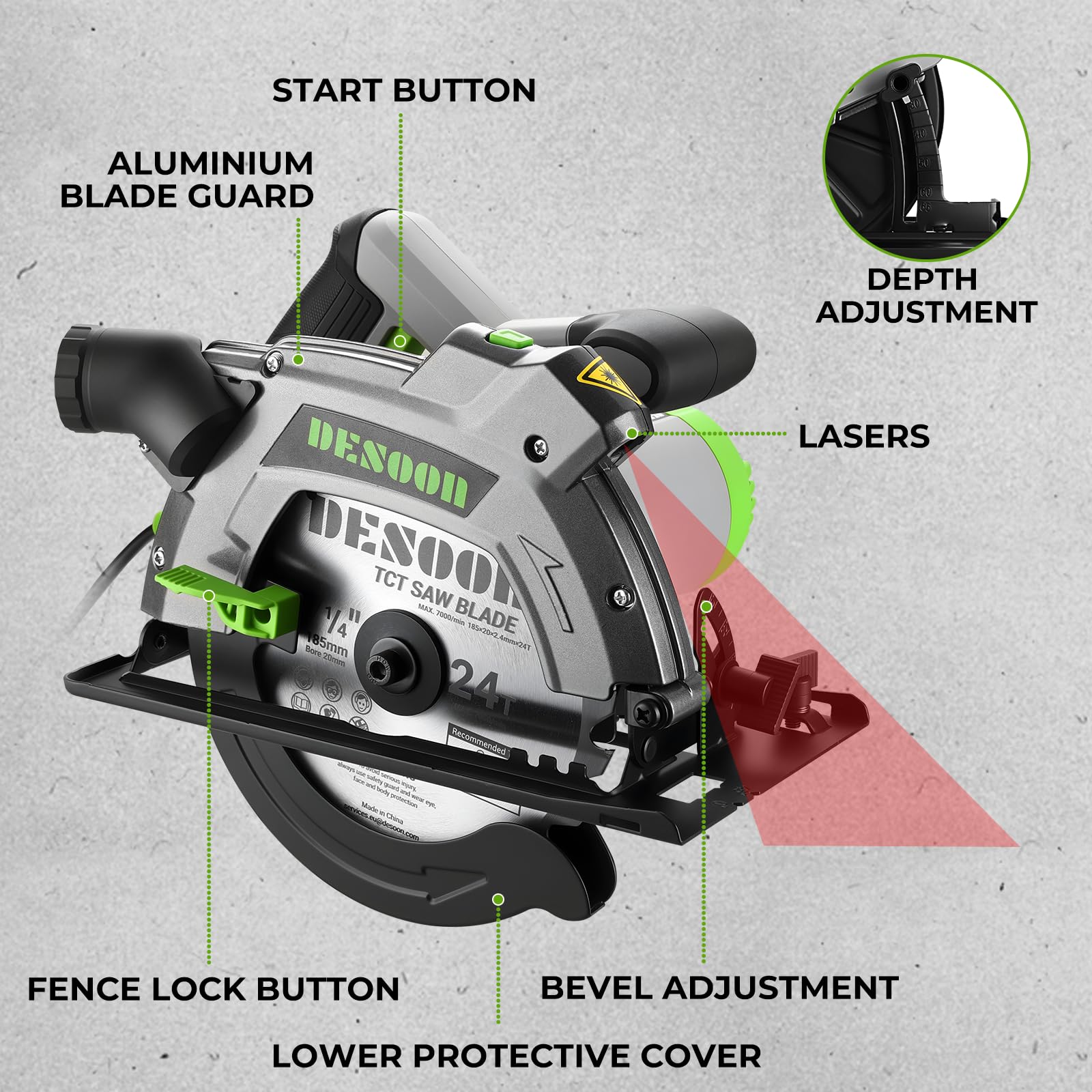 DESOON Sega Circolare da 1600 W con Guida Laser, Include Guida Parallela e 2 Lame da Seghetto (185 mm, 24T e 40T), 5500 Giri/min, Profondità di Taglio 65 mm (90°) e 43 mm (45°), per Taglio Legno