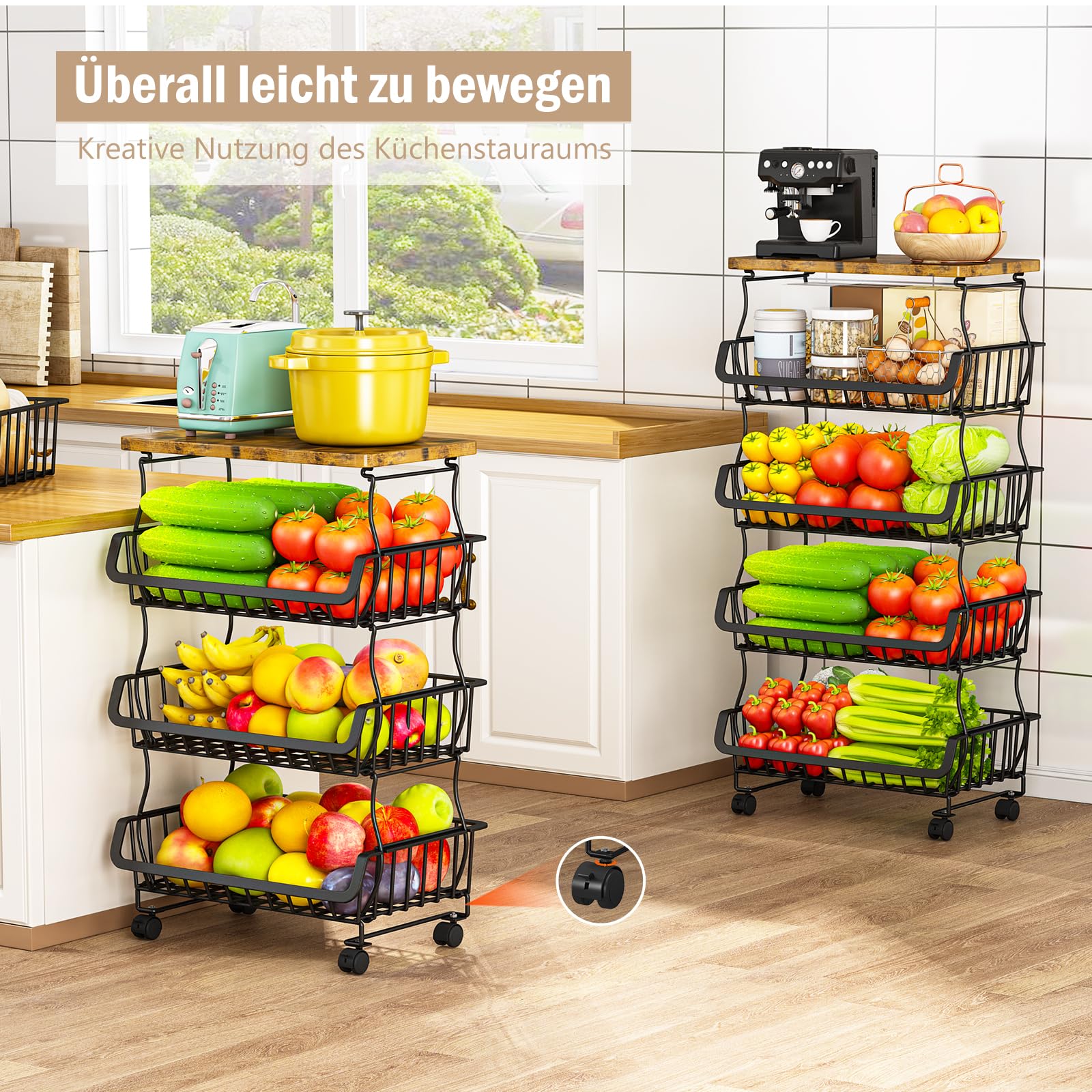 5-Tier Küchenwagen mit Rollen, Gemüseregal mit Holzplatte, Aufbewahrungskorb mit Rädern, vielseitiger Küchen-Organizer für Obst, Gemüse, Snacks und mehr für Küche, Vorratsraum, Büro