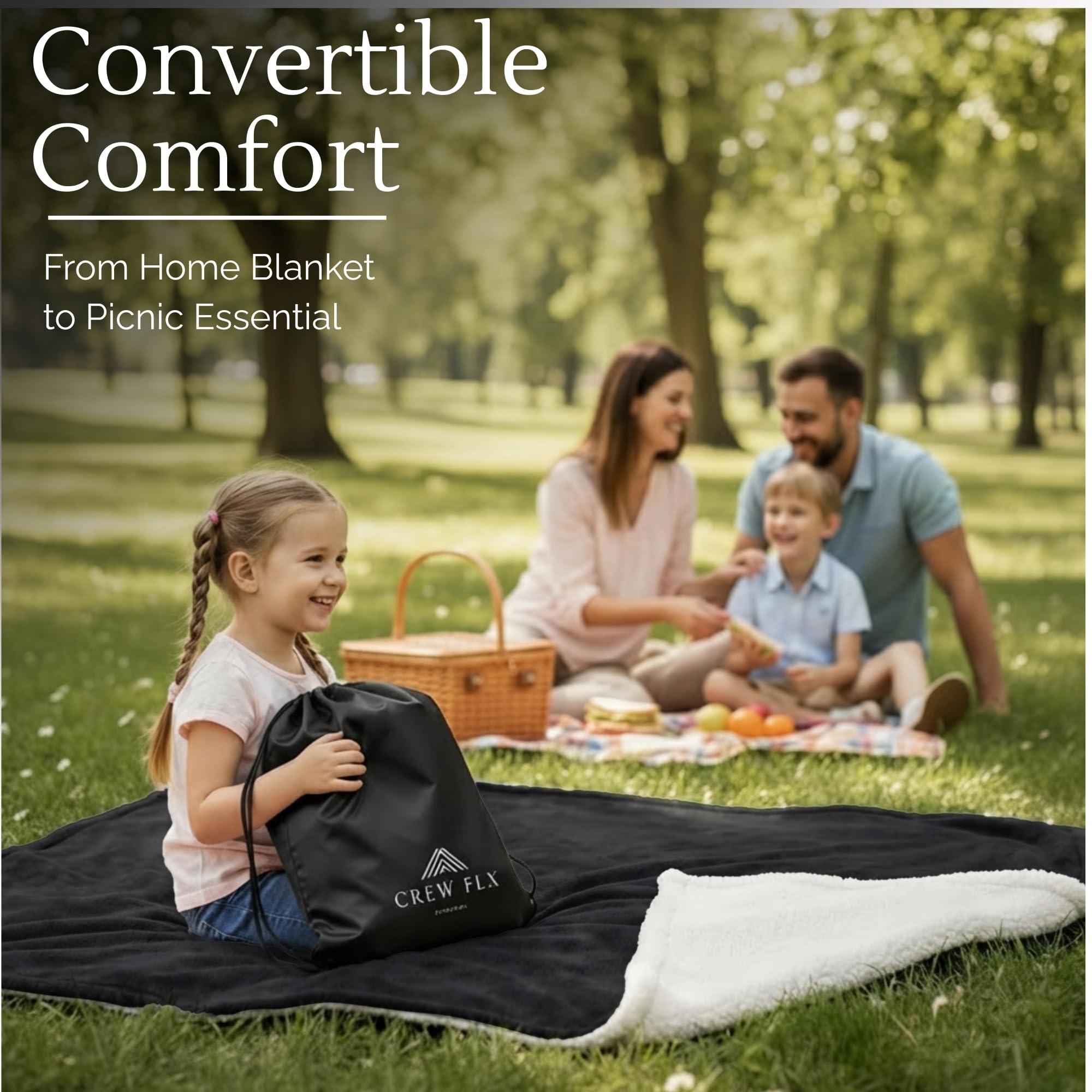 CREW FLX Waterproof Blanket for Bed Queen Size (80"x60") – Holiday-Ready Reversible Sherpa Throw with Leakproof TPU Layer – Stain-Resistant, Washable Bed Protector with Carry Bag – Gray: Black 80 x 60 inch