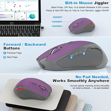 Wireless Bluetooth Mouse for MacBook, Laptop, iPad Air/Pro, Rechargeable Silent Optical Mouse with Jiggler, Dual Mode Bluetooth 5.2/3.0 & 2.4G USBA/USBC Type-C Receiver (Purple)