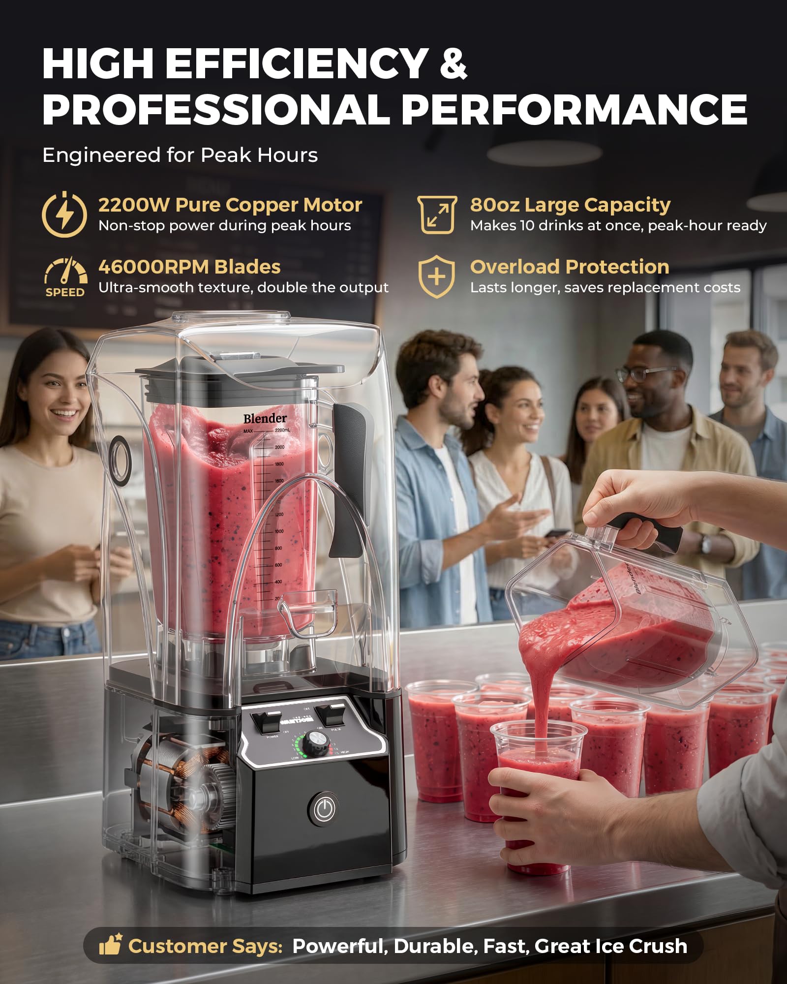 WantJoin blender professionnel commercial avec capot d'insonorisation – Puissance industrielle de 2200 W, silencieux et autonettoyant (Noir profond)
