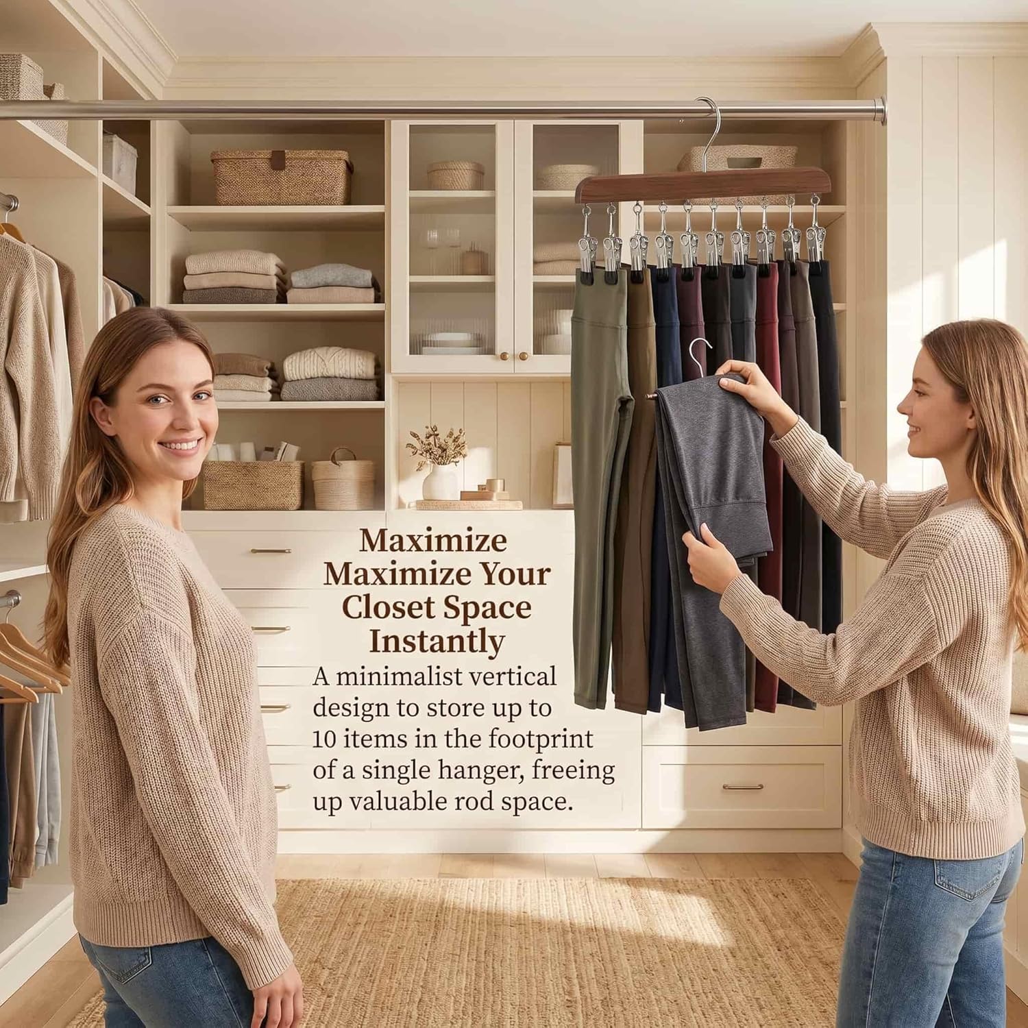 Space Saving Hangers for Closet Organizer, 360° Rotating Wooden Pants Hangers with 10 Clips, Vertical Closet Organizers for Jeans, Leggings, Skirts, and Hats Storage (10, Wood)
