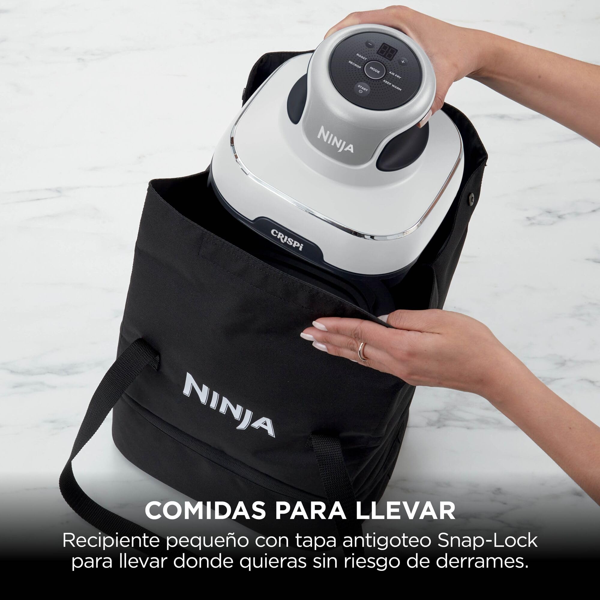 Ninja CRiSpi, Freidora de Aire Portátil, 3,8L y 1,4L, Blanco, FN102EU | 4 en 1: Freír con Aire, Asar, Mantener la Temperatura, Dorar, Compacta, 2 Recipientes de Cristal Extraíbles y Tapas, 1700W