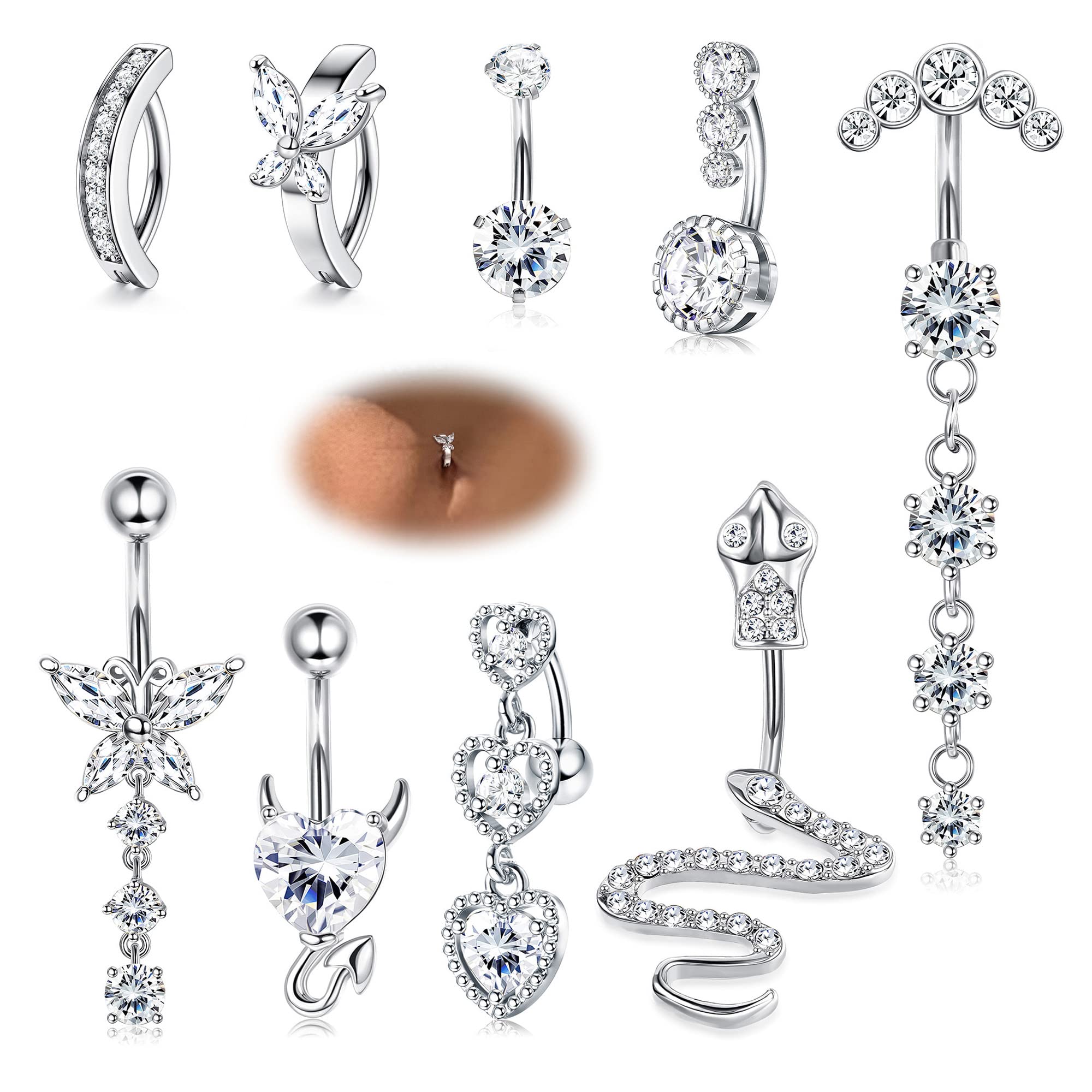CASSIECA9 Piezas 14G Piercing Ombligo Acero Quirurgico para Mujer Piercing Ombligo Clicker del Ombligo Serpiente Mariposa Piercing Ombligo Aro de Moda CZ Piercing Ombligo