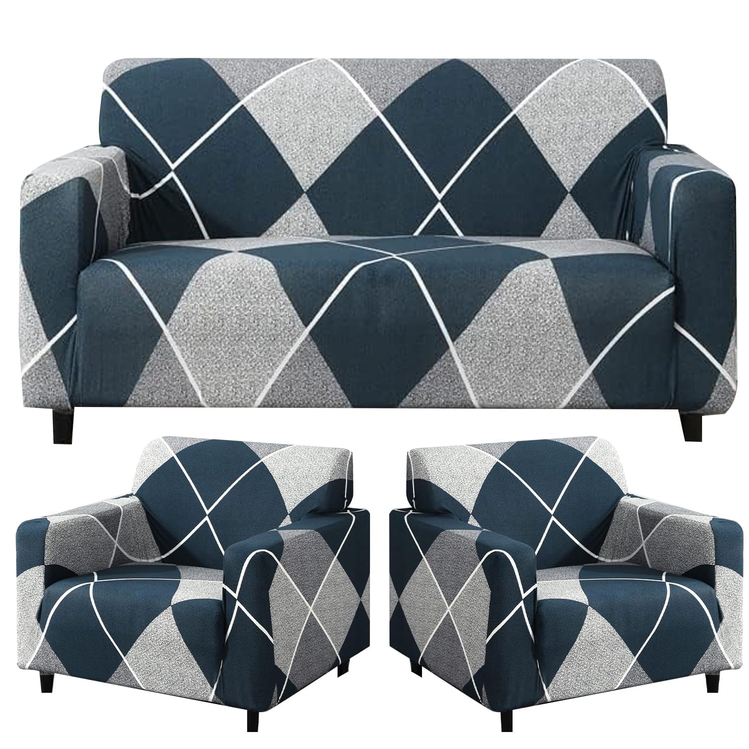 Furshine Store Furshine 5 Seater Sofa Cover Set Blue Rhombus - Image 1