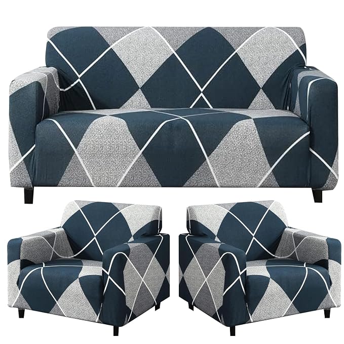 Sofa Cover 3 Seater and 2 Seater Fully Covered 5 Seater Sofa Cover Non-Slip Sticky Elastic Stretchable Sofa Set Imported Slipcover Blue Rhombus, Five Seater (3+1+1)