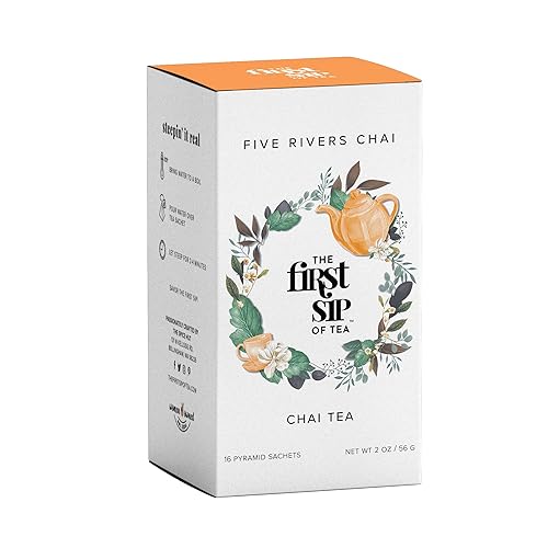 Five Rivers Chai Tea Bags - Auténtico té negro Chai indio especiado sin azúcar, alto en cafeína, cardamomo, clavo de olor, jengibre, 16 tazas The