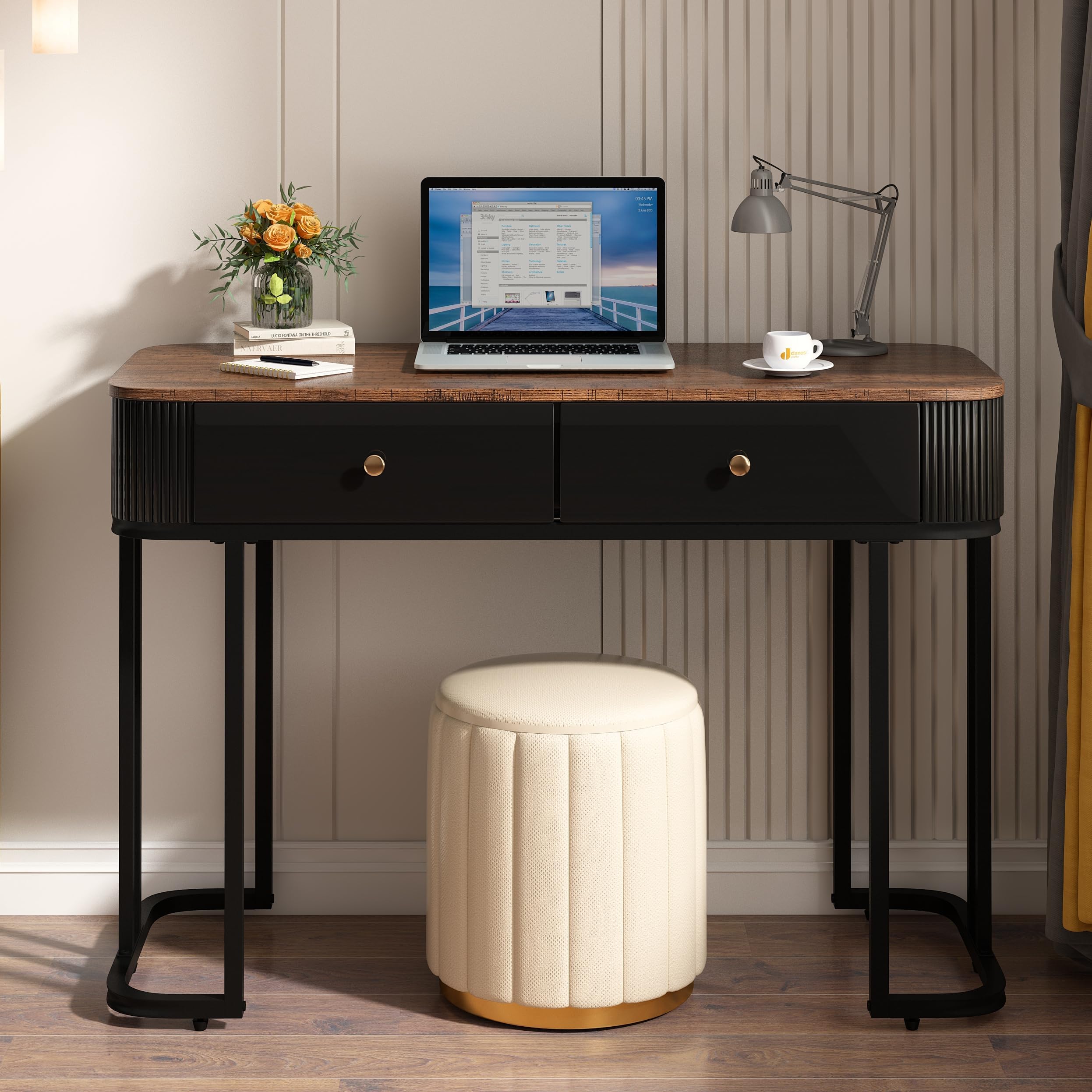 OIOG Console Table with Drawers, Modern Sofa Table with Wood Grain Tabletop, Entryway Table with Stroage for Livingroom, Makeup Vanity Desk for Bedroom, Small Computer Desk with 2 Drawers, Brown,Black