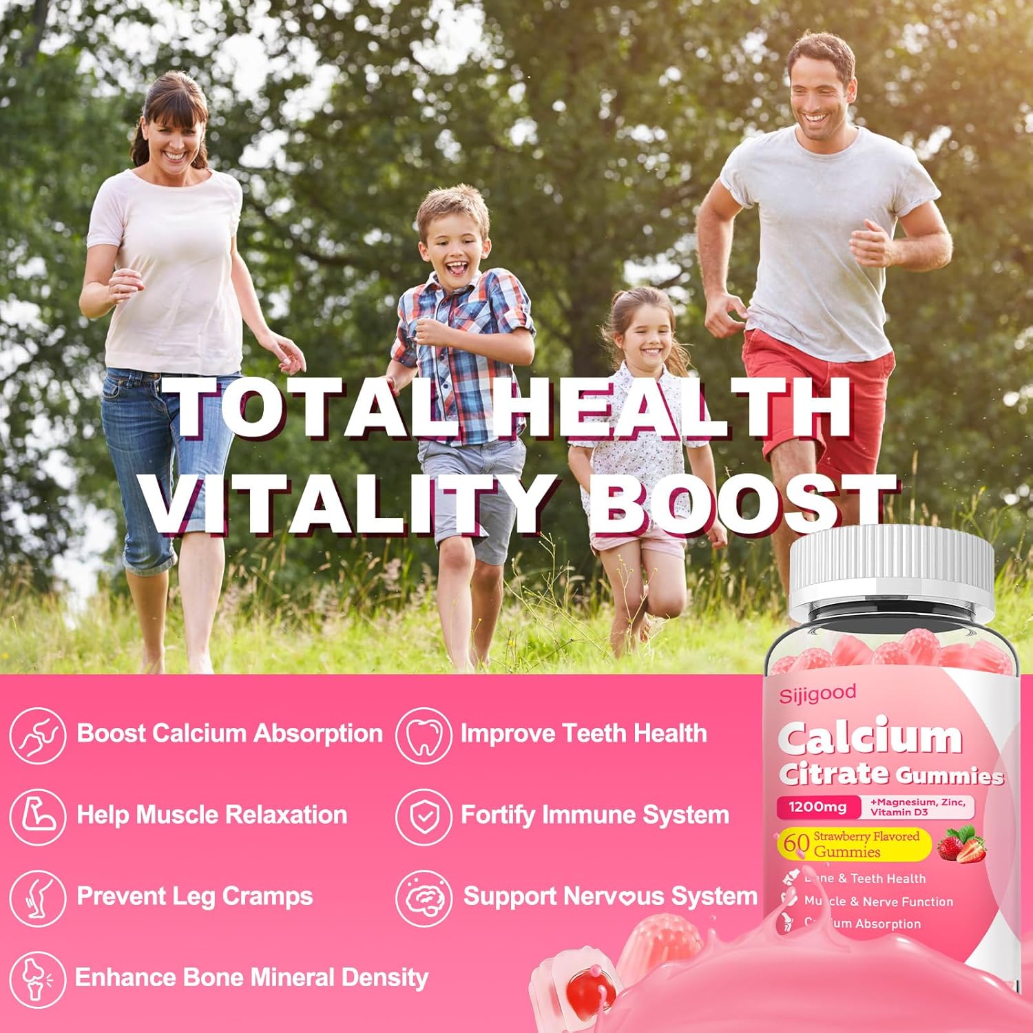 2 Pack Calcium Citrate Gummies, Calcium Supplements for Women & Men, High Absorption Calcium Gummies with Vitamin D3, Magnesium & Zinc for Muscle, Bone & Immune Support, Strawberry Flavor