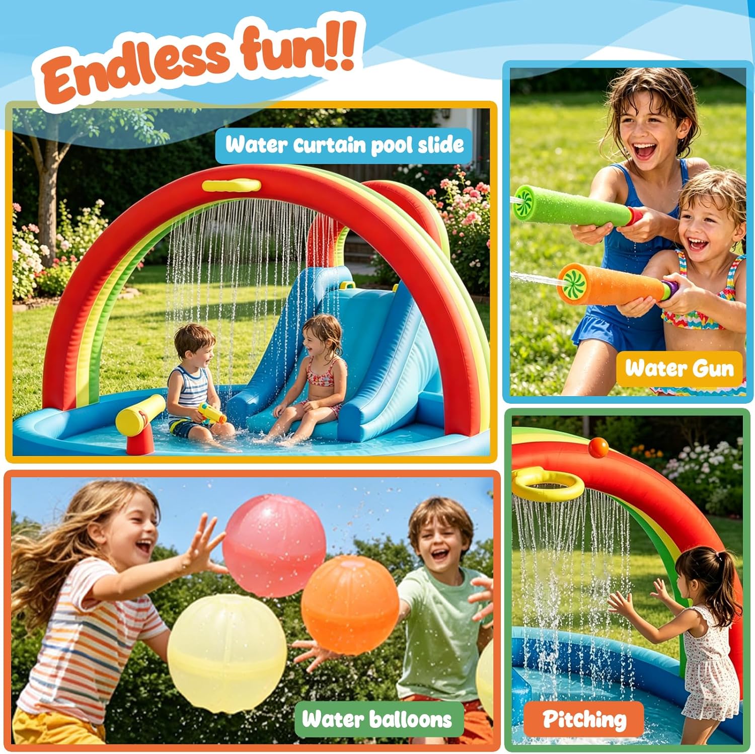 Inflatable Water Slide for Kids, Toddler Splash Pool Play Center with Rainbow Sprinkler Arch, Slide & Ball Hoop, Includes Water Gun, Reusable Water Balloons & 280W Blower, Backyard Outdoor Summer Toys