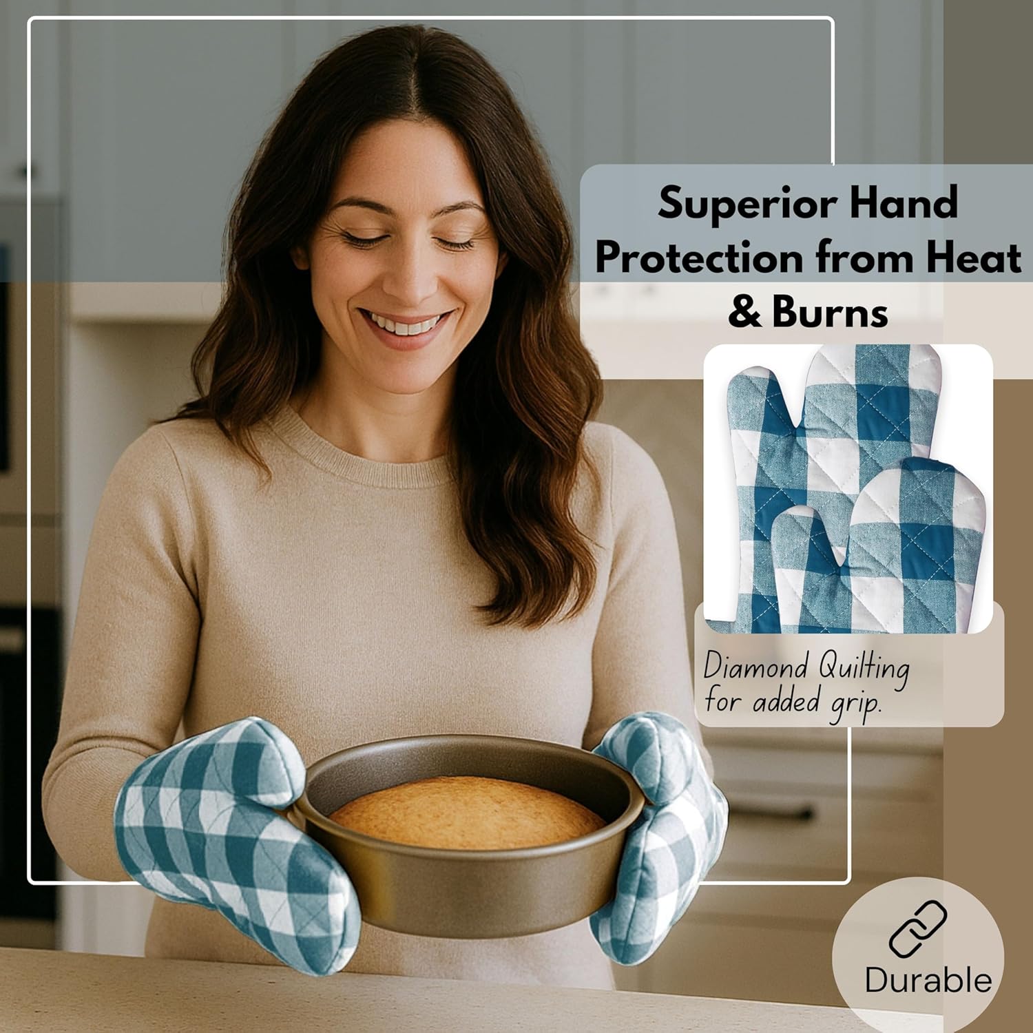 Native Fab Buffalo Plaid Check Oven Mitts and Pot Holders Set of 4, 100% Cotton Heat Resistant Kitchen Gloves, 2 Oven Mitts (7x13), 2 Pot Holders (8x8) for Cooking & Baking, Teal Green White