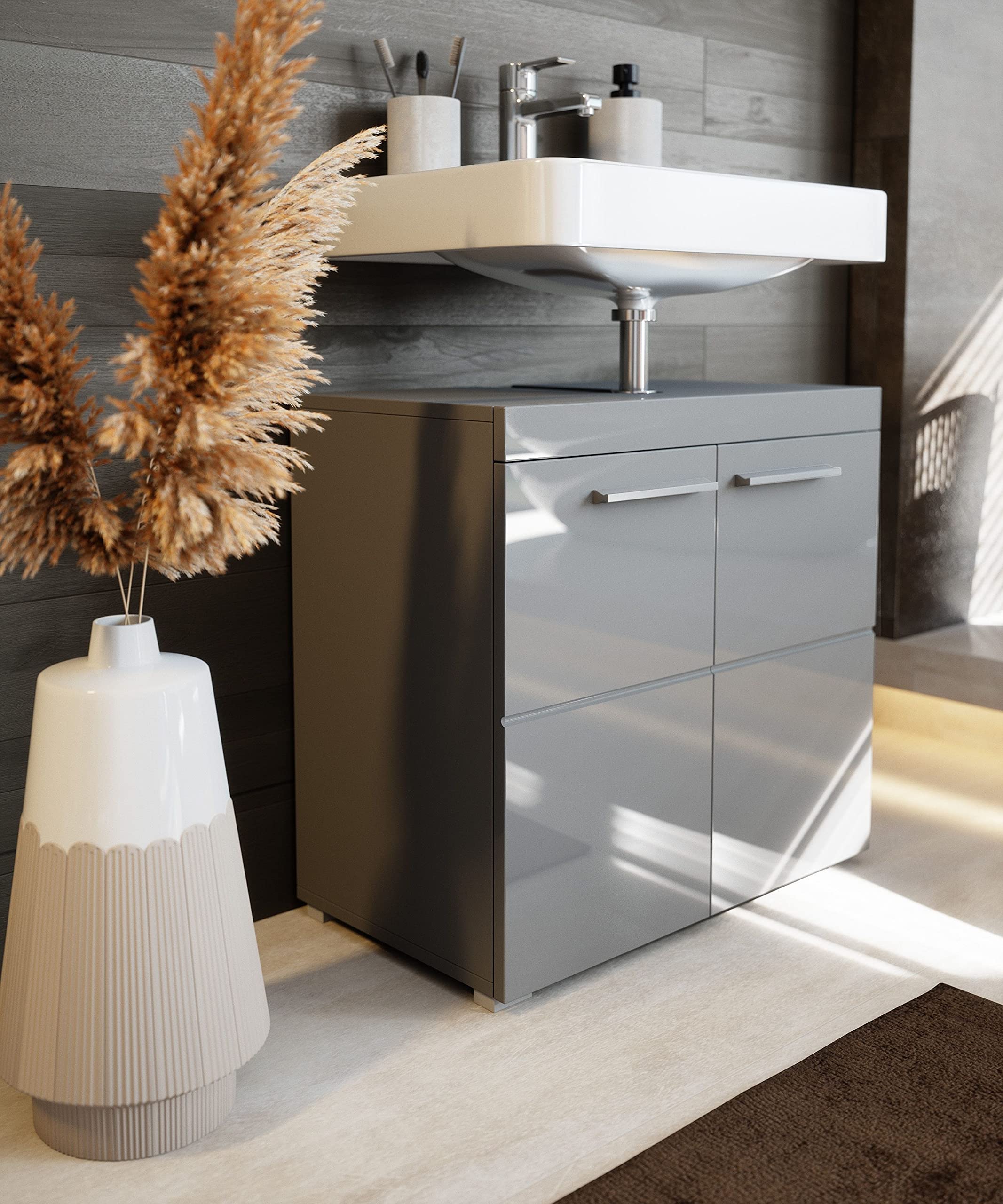 Newroom Waschbeckenunterschrank Grau Hochglanz mit viel Stauraum - 60x56x34 cm (BxHxT) - Badezimmer Unterschrank Badezimmerschrank Badezimmermöbel Badunterschrank - [Trinity.Seven]