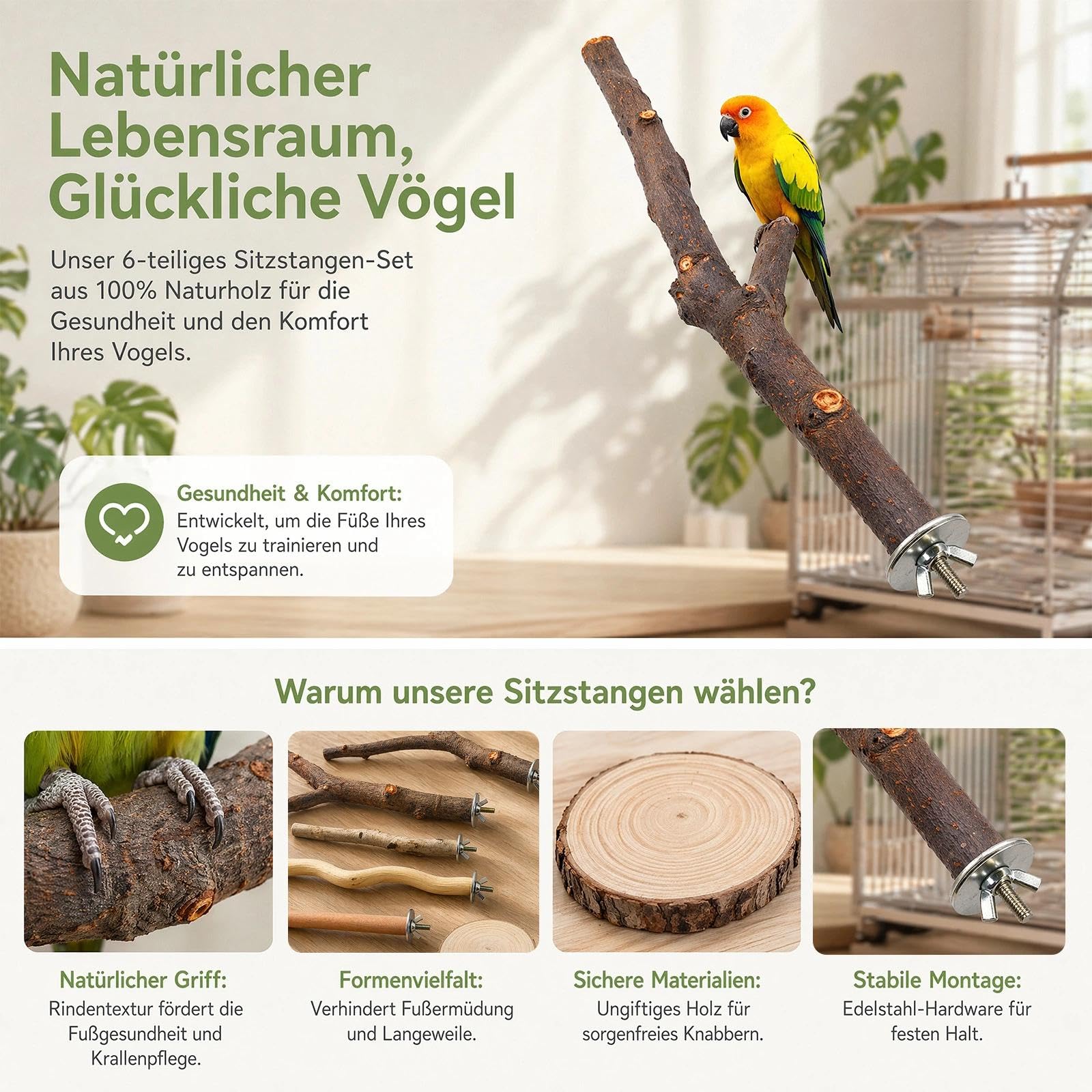 Juego de 6 piezas de elementos de madera natural, juego de perchas naturales, juguete para cacatúas, juguete para cacatúa, pájaro, pájaro, pájaro, loro, jaula de pájaros