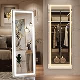 FENNIO Full Length Mirror with Lights&comma; 57" x 17" LED Full Body Mirror&comma; Free Standing Lighted Floor Mirror&comma; Wall Mounted Hanging Mirror with Lights for Bedroom&comma; Dimmable & 3 Color Lighting&comma; White
