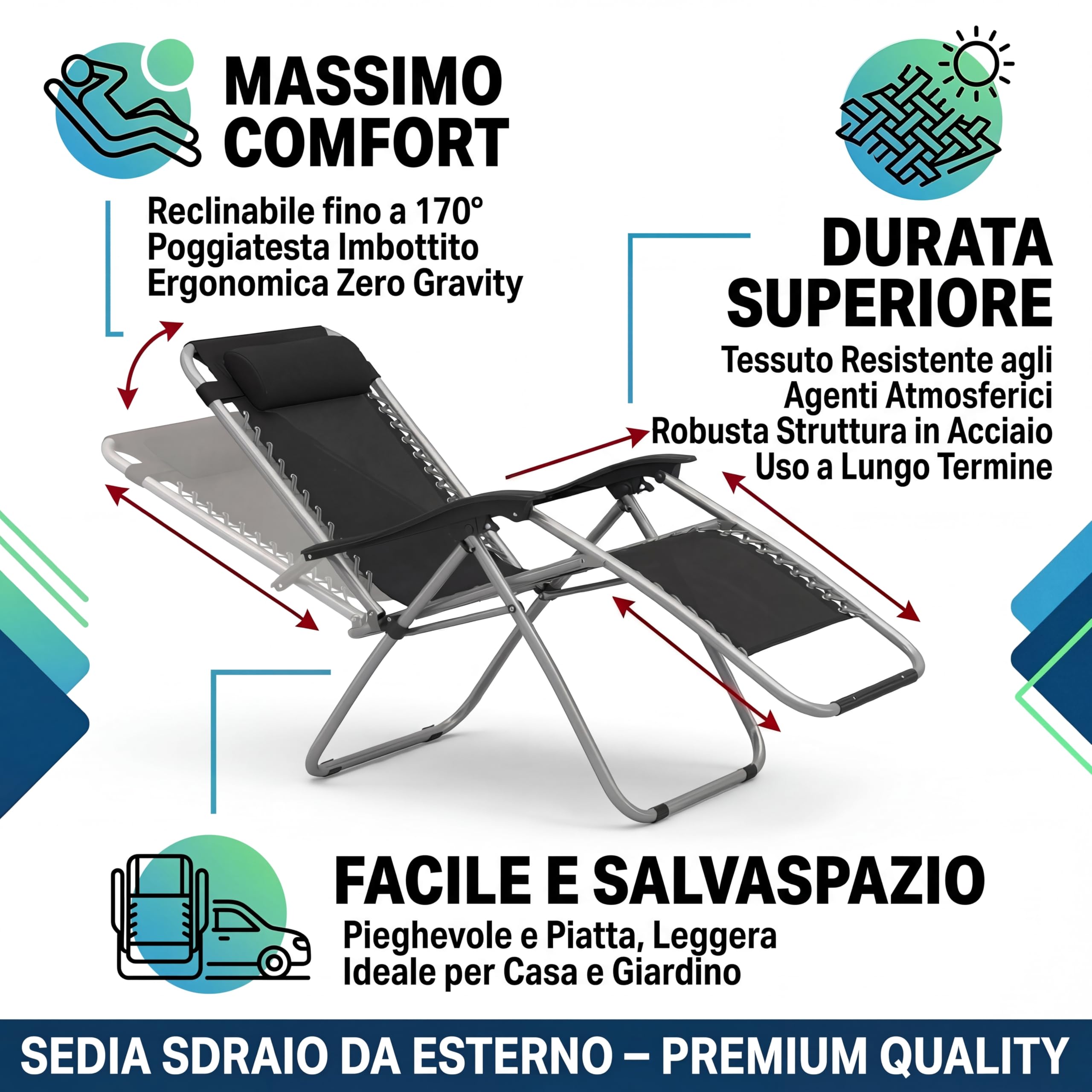 MAKA |SET X2 | Sdraio da Giardino, Sedia Sdraio da Esterno Pieghevole, Lettino Prendisole da Giardino, Sedia da Spiaggia Pieghevole Portatile, Telaio Acciaio, Braccioli PVC, Tessuto Rete (Grigio)