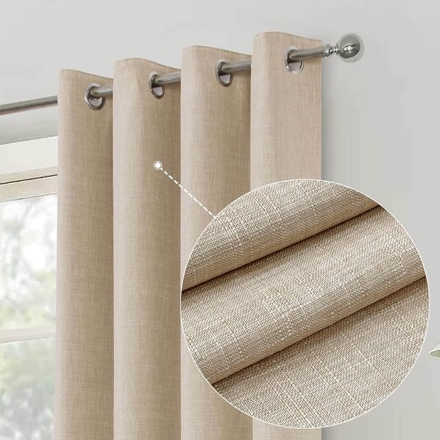 always4u Linen Look 100% Blackout Eyelet Curtains Thermal Energe Saving for Bedroom 1 Pair Noise Reducing Solid Modern Window Treatment for Home Decoration Beige W46*L54