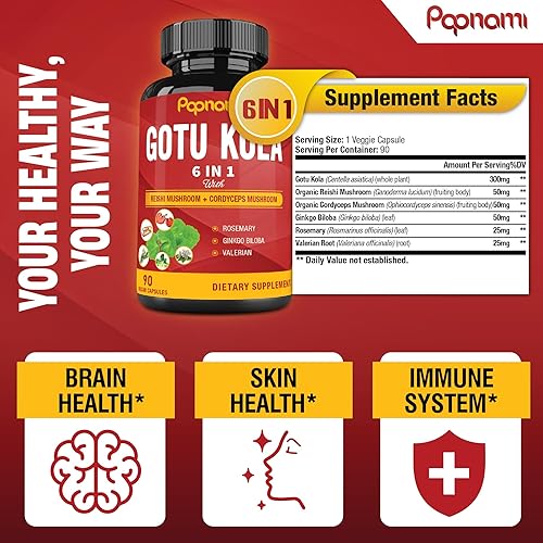 Vista 3 de Cápsulas de extracto orgánico de Gotu Kola con Reishi, Cordyceps, romero, gingko biloba y raíz de valeriana, 90 unidades durante 3 meses, apoya