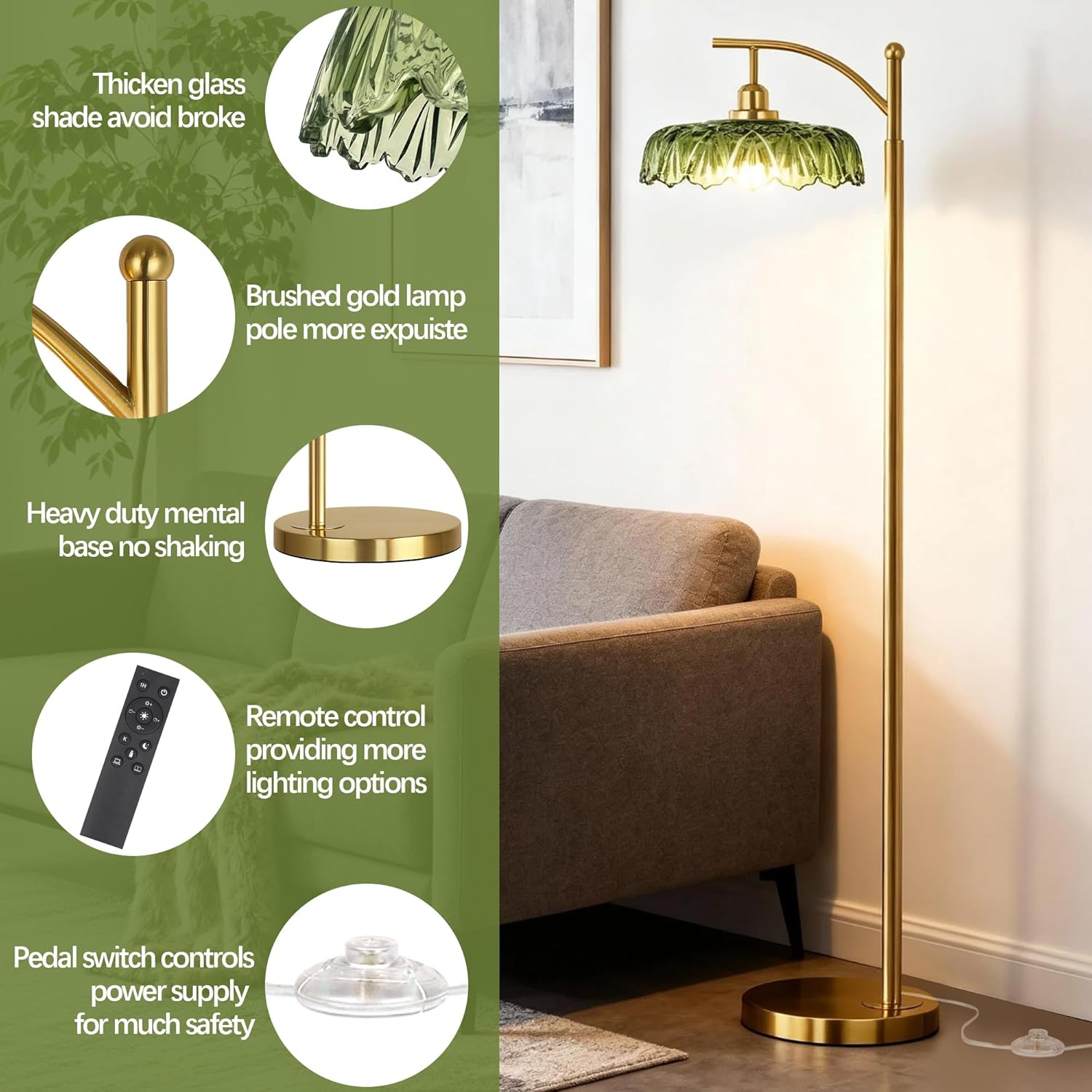 Gold Floor Lamp for Living Room, Dimmable Mid Century Modern Standing Lamp with Remote Control and Green Glass Shade, 68" Tall Lamp for Bedroom, Vintage Retro Antique Glass Flower Lamp, Brushed Gold