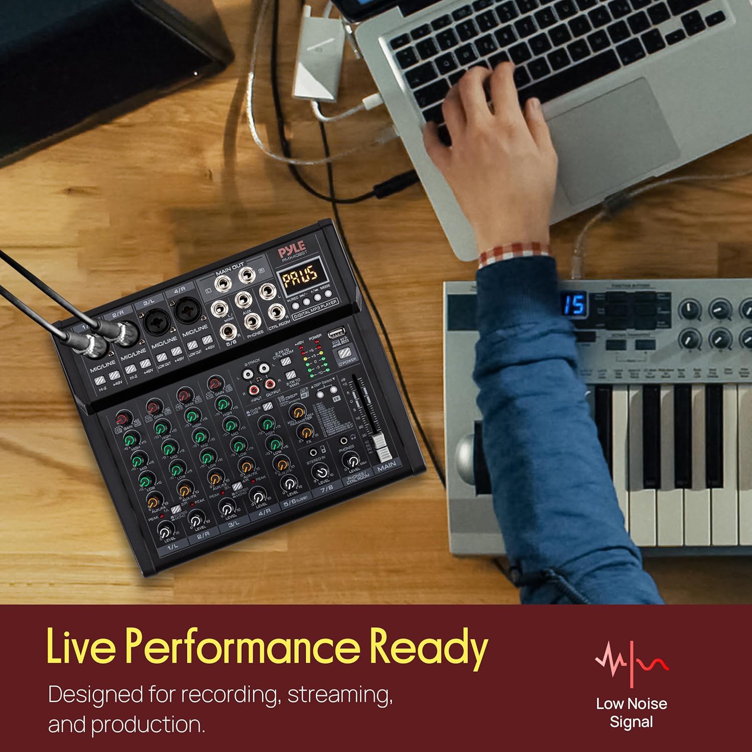 Pyle 8 Channel Studio Mixer - Small Footprint, USB - PC Recording, Bluetooth In, MP3 Player, DSP Effects, +48V Phantom Power, XLR Combo Inputs, Control Room Out, Smooth Dials and Faders - PMX408ST