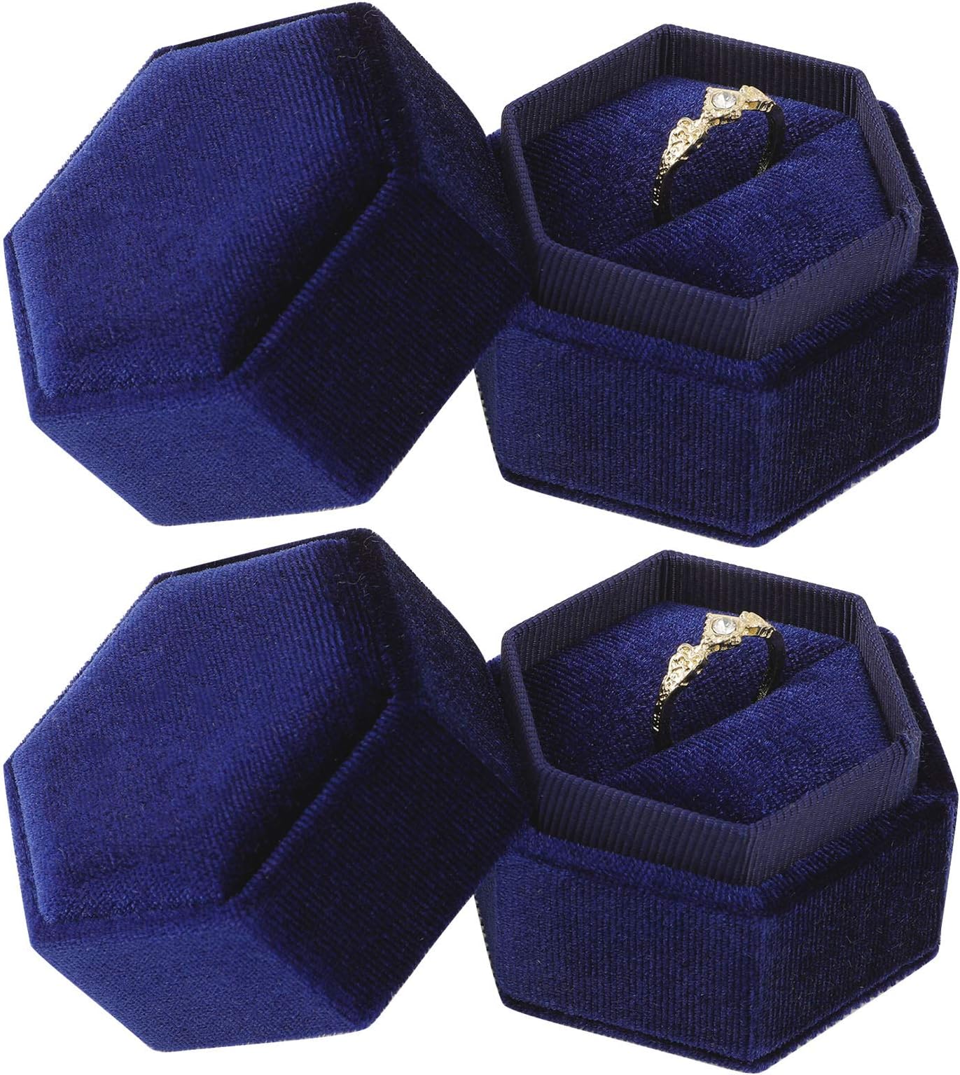 metagio 2 Packs Hexagon Velvet Ring Box, Elegant Wedding Ring Box, Ring Holder Case Rings Storage Box Case for Engagement, Wedding, Ceremony, Ring Display and Storage, 3 Colors(Dark Blue)