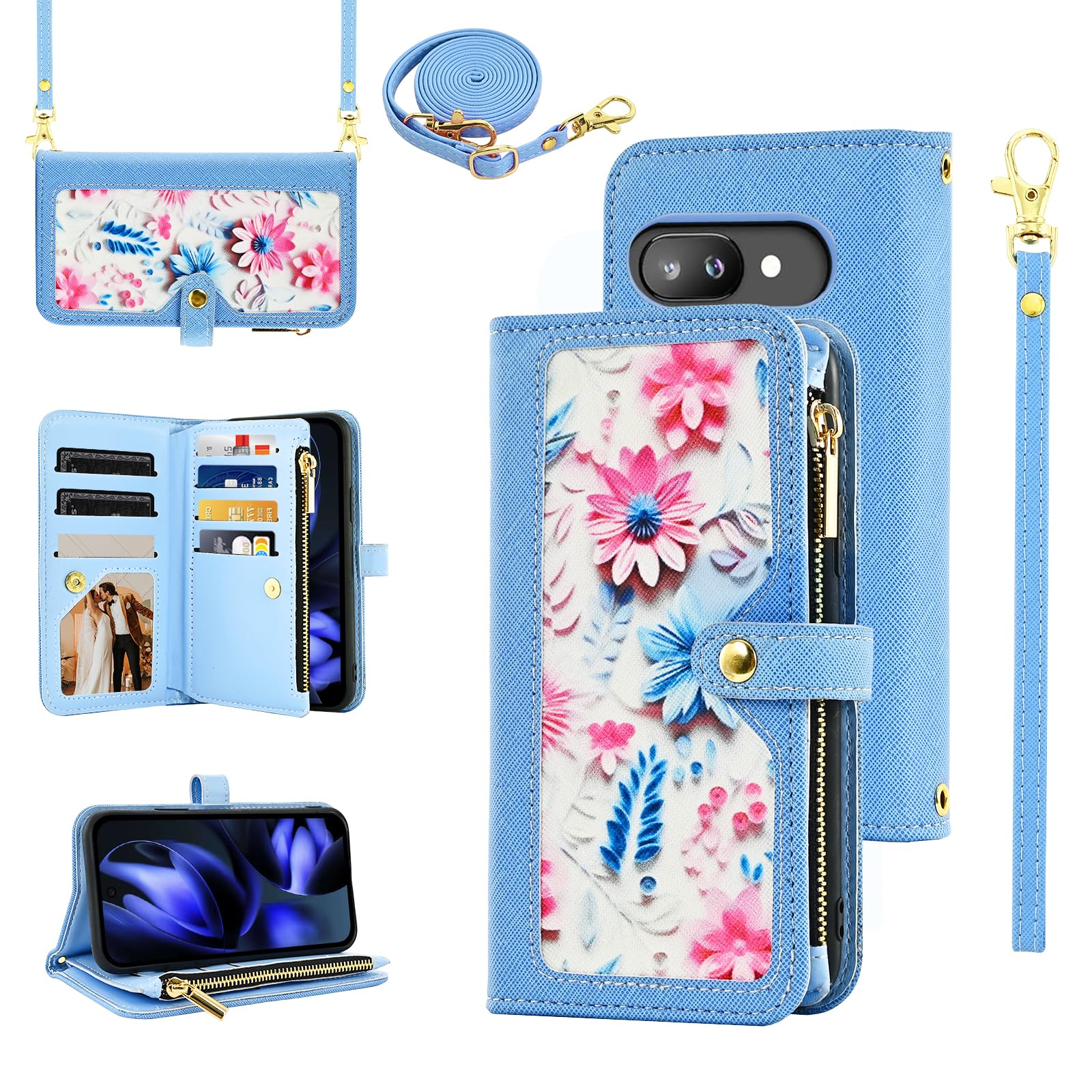 Furiet Floral Wallet Case for Google Pixel 9A with Wrist/Shoulder Strap Flip Zipper Purse, Luxury PU Leather Credit ID Card Holder Stand Accessories