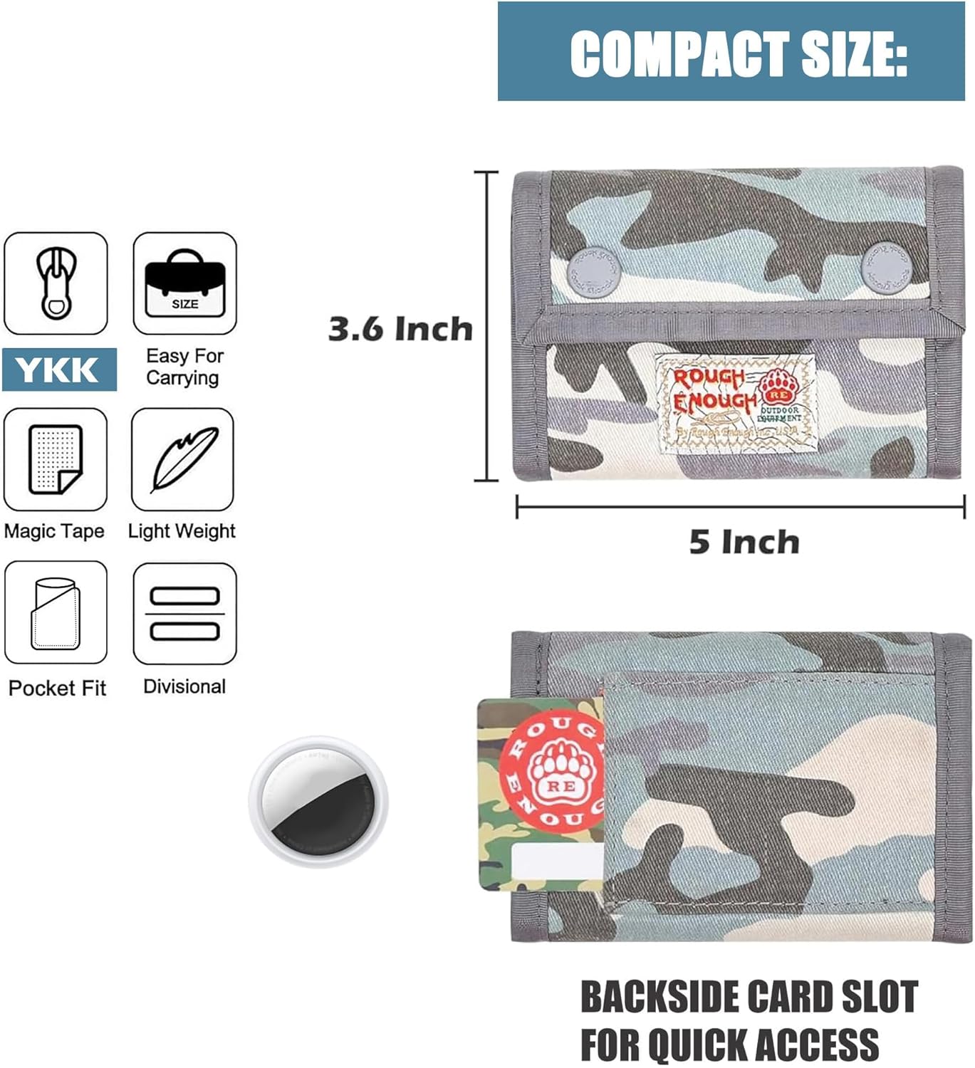 Rough Enough Kids Canvas Wallet for Boys Teens, with Button Closure, Neck Lanyard and Carabiner, for Camp, Travel and Daily Carry, Light Blue Camo